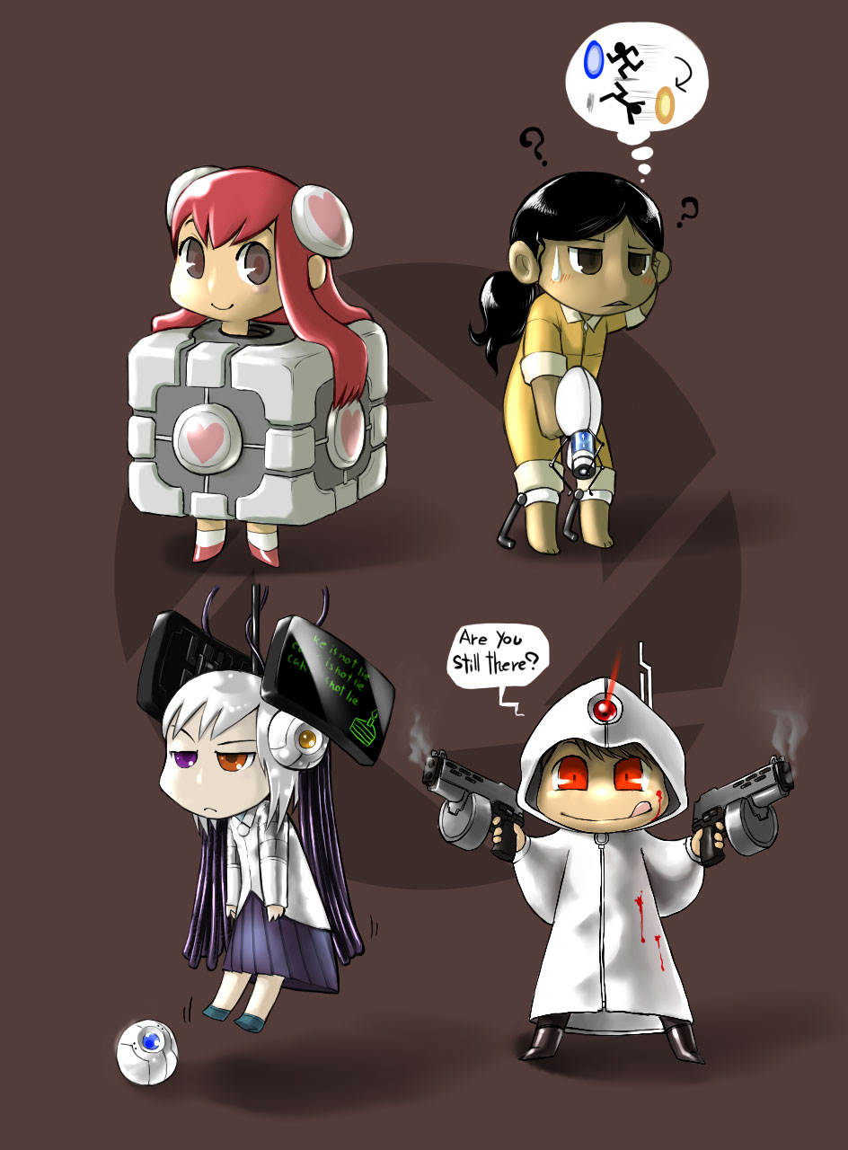 chell, glados, glados-tan, sentry turret (portal), portal (series), portal 1, turret, highres, spoilers, 4girls, animification, aperture science handheld portal device, aperture science weighted companion cube, black hair, blood, brown eyes, brown hair, chibi, cube, everyone, gun, heart, heterochromia, hood, multiple girls, personification, pink hair, ponytail, red eyes, skirt, tongue, triangle mouth, valve, weapon, white hair