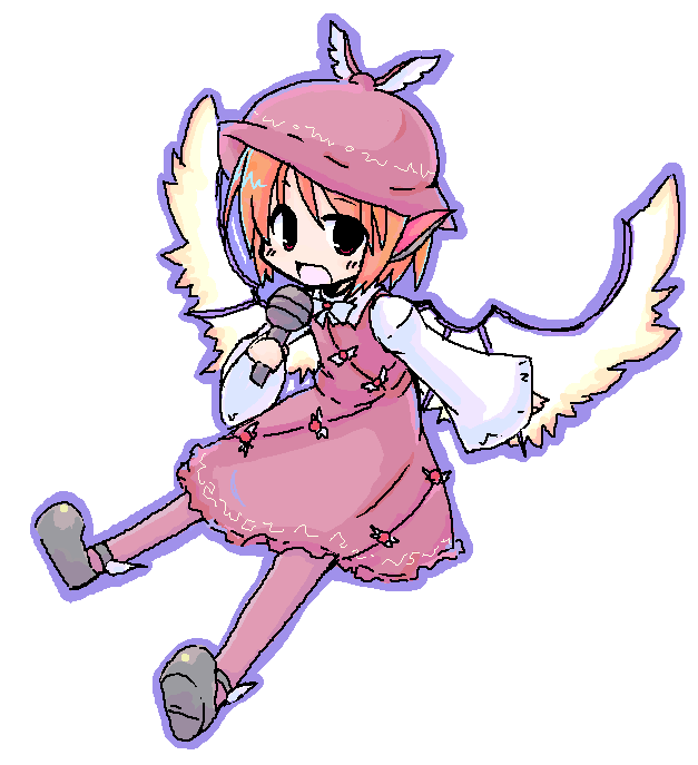 luu, mystia lorelei, touhou, 1girl, animal ears, dress, female focus, hat, microphone, music, oekaki, open mouth, orange hair, red eyes, short hair, singing, solo, wide sleeves, wings