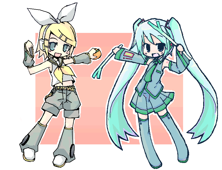 luu, hatsune miku, kagamine rin, vocaloid, 2girls, :d, aqua hair, belt, blonde hair, blue eyes, boots, buckle, detached sleeves, food, fruit, holding, knee boots, long hair, looking at viewer, mandarin orange, multiple girls, neckerchief, oekaki, open mouth, sailor collar, short sleeves, shorts, smile, spring onion, standing, swept bangs, thighhighs, very long hair, zettai ryouiki
