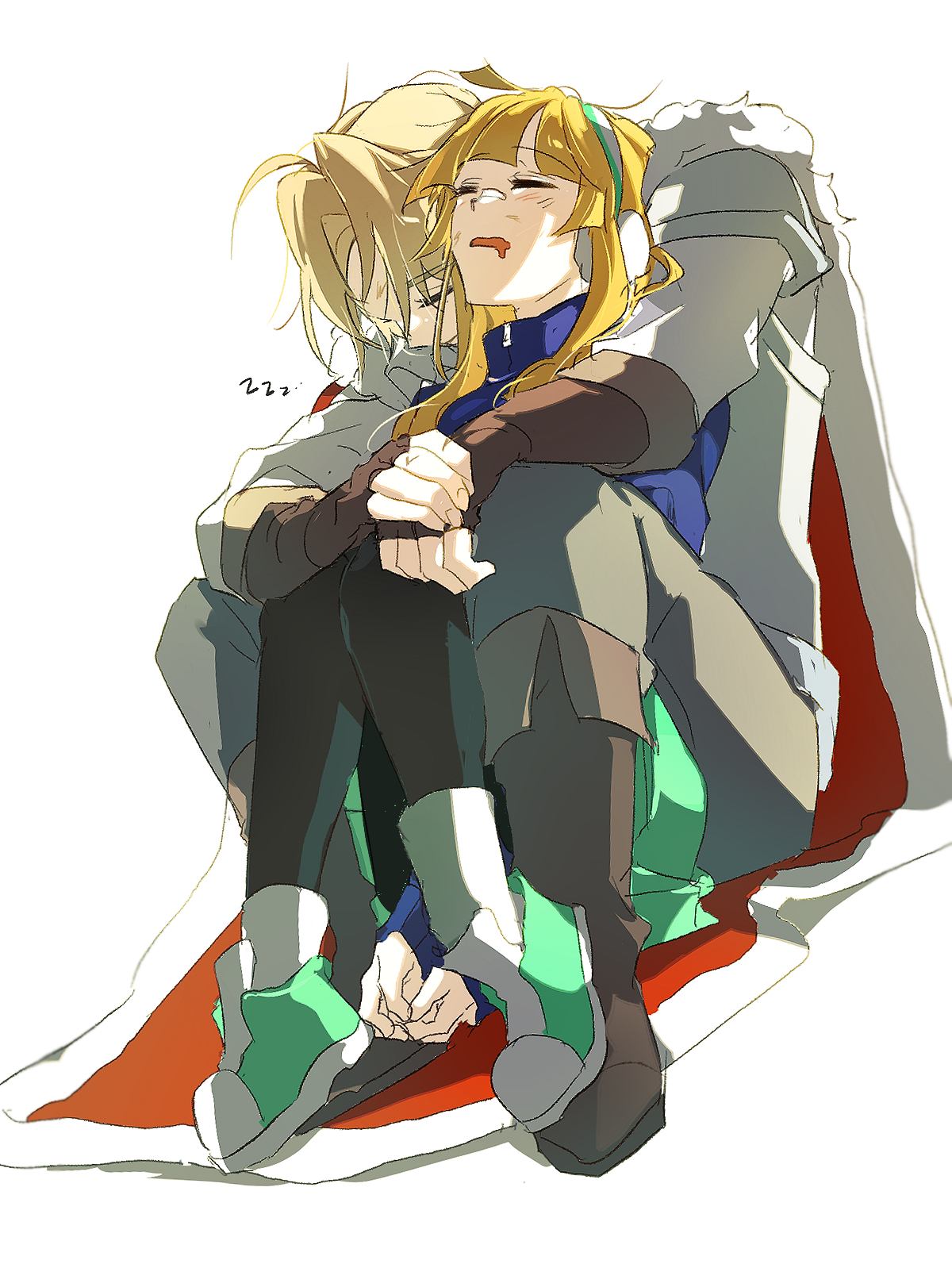 zombie high school, highres, 1boy, 1girl, blonde hair, boots, cape, closed eyes, drooling, fingerless gloves, fur trim, gloves, long hair, nam seon-ji, opennep, pak chan-yeong, pantyhose, short hair, simple background, sitting, sleeping, white background, zzz