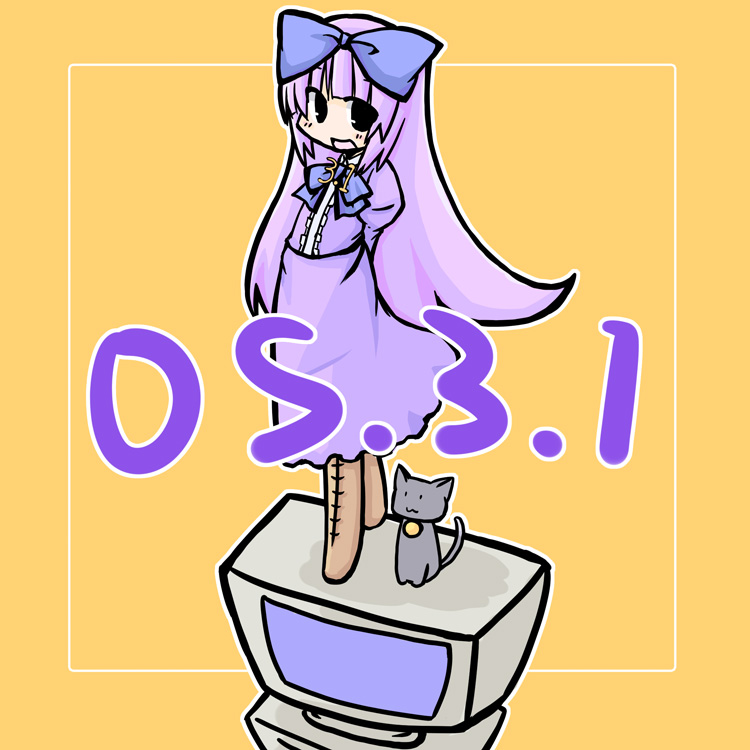 luu, 3.1-tan, os-tan, 1girl, :3, :d, arms behind back, bell, black cat, black eyes, blunt bangs, boots, bow, bowtie, brown boots, cat, computer, dress, female focus, hair bow, jingle bell, juliet sleeves, knee boots, long hair, long sleeves, looking at viewer, open mouth, pink dress, pink hair, puffy sleeves, purple bow, purple bowtie, simple background, smile, solid circle eyes, solo, very long hair, yellow background