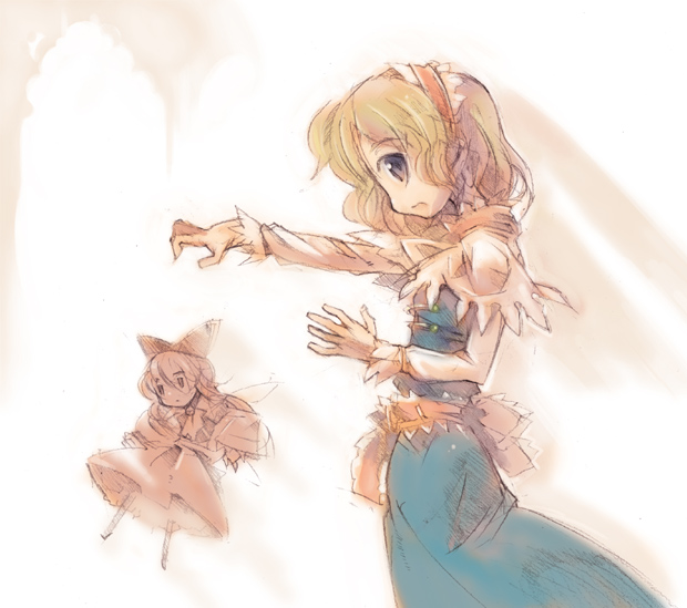 hakamada sugiichi, alice margatroid, shanghai doll, touhou, 1girl, blonde hair, capelet, dress, female focus, from side, hairband, long sleeves, sasa kuruma, short hair, simple background, solo