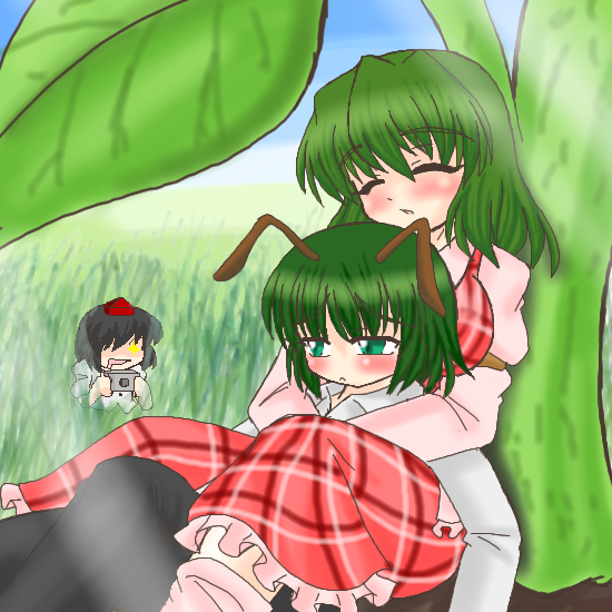 akasode (tyaramu), kazami yuuka, shameimaru aya, wriggle nightbug, touhou, 3girls, :<, antennae, ascot, blush, breasts, camera, closed eyes, female focus, green eyes, green hair, hat, hug, hug from behind, large breasts, multiple girls, parted lips, plaid clothes, plaid skirt, plaid vest, short hair, skirt, skirt set, sleeping, tokin hat, vest