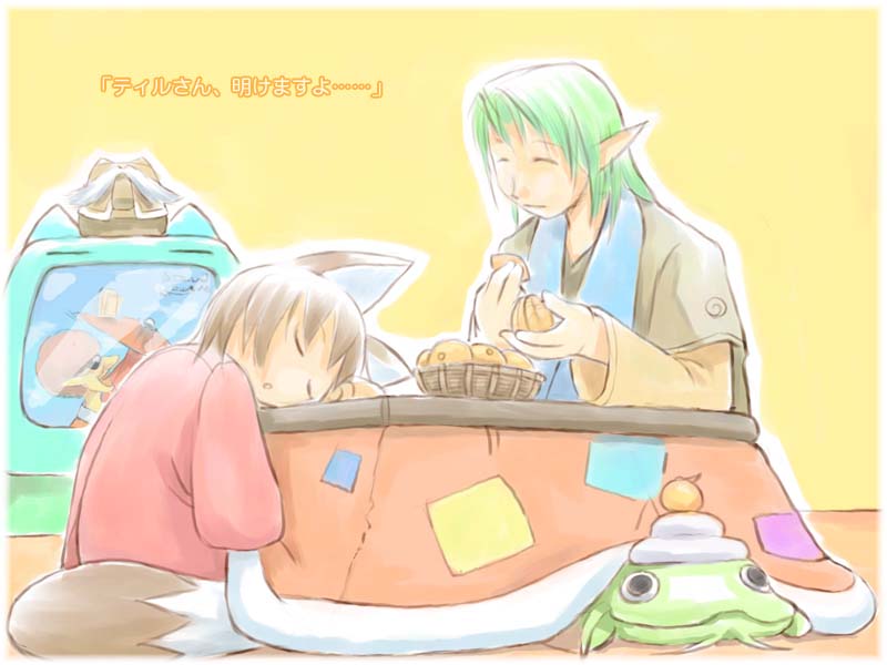 rdi, 1boy, 1girl, animal ears, brown hair, food, fruit, kotatsu, mandarin orange, object on head, pointy ears, short hair, sleeping, table, tail