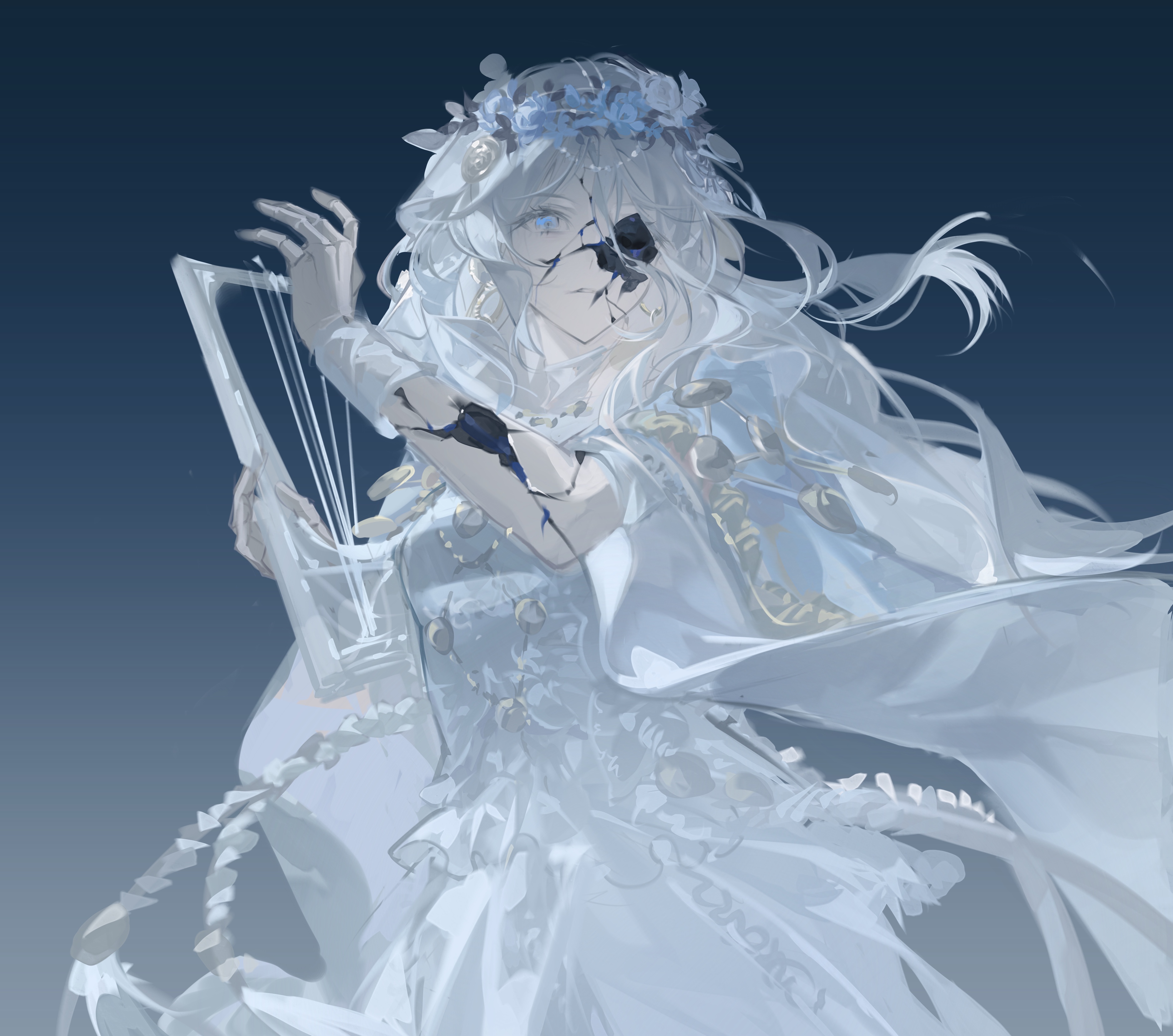 lin qing (phosphorus 1104), revenant (elden ring), elden ring, elden ring nightreign, highres, 1girl, blue eyes, braid, cracked skin, doll joints, dress, flower wreath, head wreath, holding, holding instrument, holding lyre, instrument, jewelry, joints, long hair, looking at viewer, lyre, skull, solo, veil, white dress, white hair