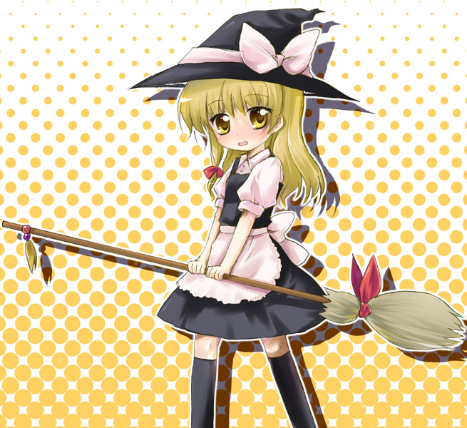 akino ochiba, kirisame marisa, touhou, 1girl, broom, broom riding, dress, female focus, halftone, halftone background, hat, solo, white background