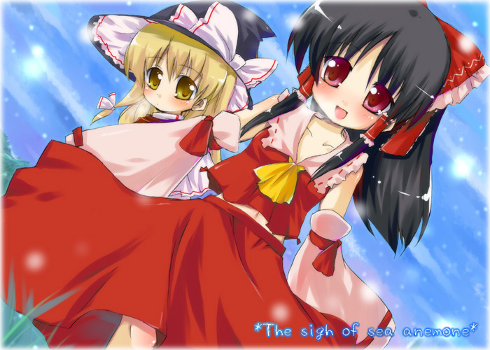 akino ochiba, hakurei reimu, kirisame marisa, touhou, 2girls, ascot, black hair, blonde hair, bow, collarbone, detached sleeves, dutch angle, english text, female focus, hair bow, hair ribbon, hair tubes, hat, hat ribbon, long hair, midriff, multiple girls, navel, red bow, red eyes, red skirt, ribbon, skirt, tress ribbon, water, white ribbon, witch hat, yellow eyes