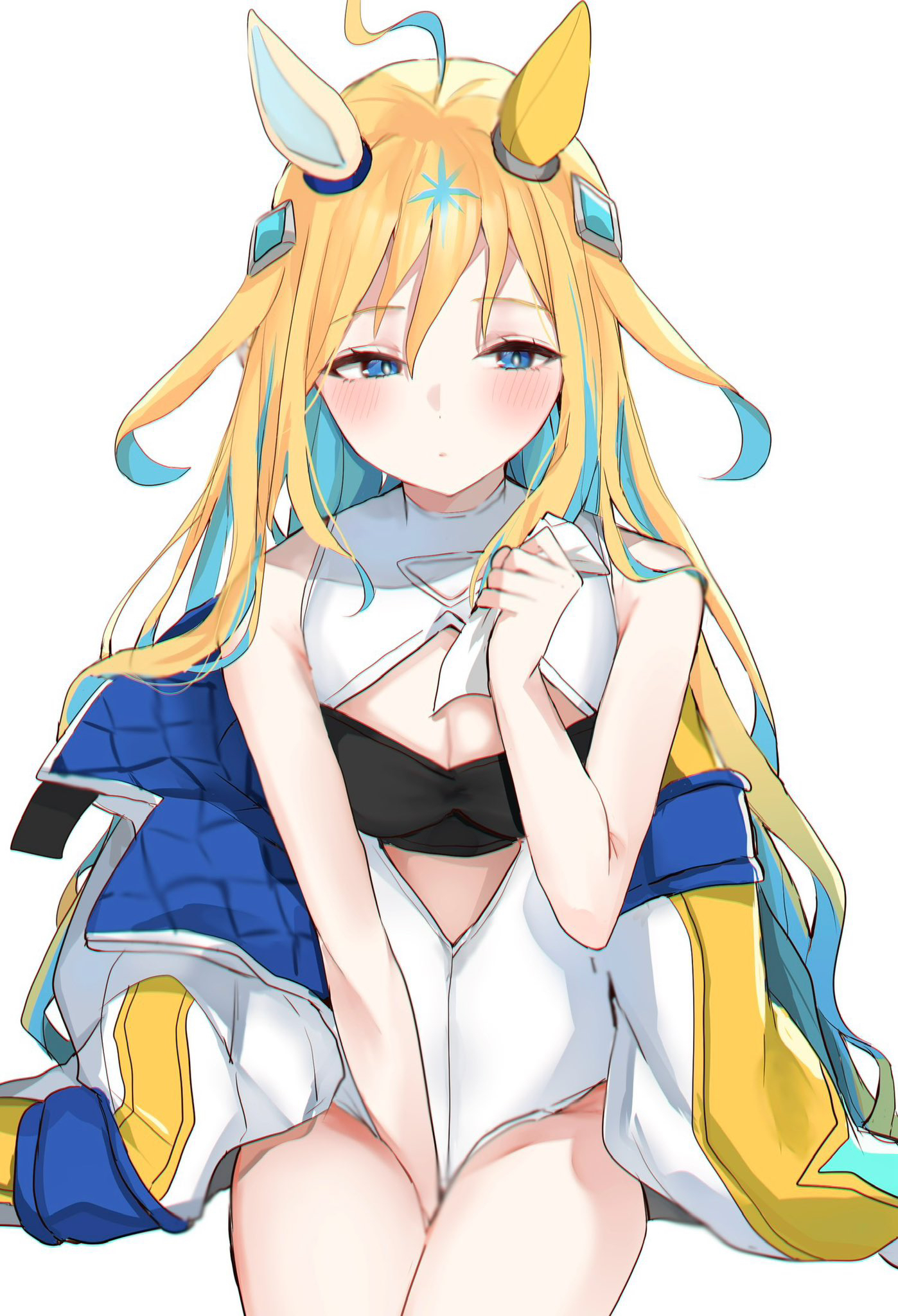 pof (peuplierpof), neo universe (umamusume), umamusume, highres, 1girl, ahoge, animal ears, between legs, black bra, blonde hair, blue eyes, blue hair, blush, bra, breasts, cleavage, clothing cutout, colored inner hair, hair ornament, hand between legs, horse ears, horse girl, jacket, leotard, long hair, medium breasts, multicolored hair, open clothes, open jacket, simple background, sitting, solo, two-tone hair, underwear, very long hair, white background, white leotard