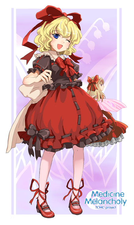nanami sano, medicine melancholy, su-san, touhou, 1girl, blonde hair, blue eyes, bow, bowtie, brown bow, brown ribbon, brown shirt, bubble skirt, character name, closed eyes, collar, copyright name, doll, dress, female focus, floral background, flower, frilled shirt collar, frills, full body, hair bow, hair ribbon, high heels, lily of the valley, one eye closed, open mouth, puffy short sleeves, puffy sleeves, purple background, red bow, red bowtie, red ribbon, red shoes, red skirt, ribbon, ribbon-trimmed clothes, ribbon-trimmed shirt, ribbon-trimmed skirt, ribbon trim, sash, shirt, shoes, short hair, short sleeves, skirt, skirt set, solo, standing, white bow, white collar, wings