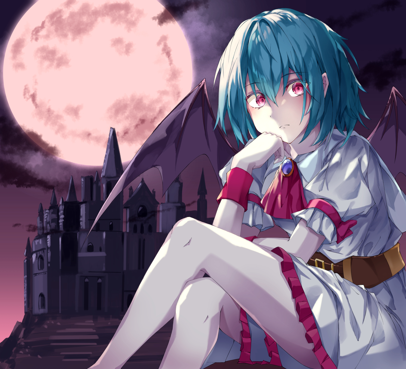 hiiragi (user slf5165), remilia scarlet, touhou, commentary, highres, 1girl, ascot, bat wings, blue hair, brooch, building, castle, cloud, collared shirt, crossed legs, frilled skirt, frills, full moon, jewelry, looking at viewer, moon, night, night sky, no headwear, puffy short sleeves, puffy sleeves, purple brooch, red ascot, red eyes, shirt, short sleeves, skirt, sky, solo, white shirt, white skirt, wings