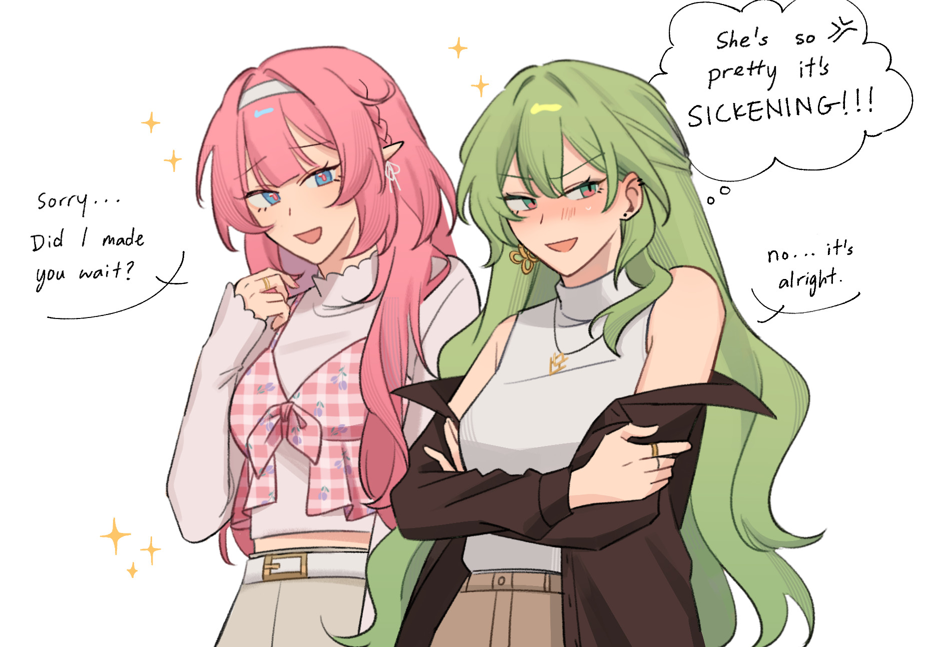 rena ( rrena), elysia (honkai impact), mobius (honkai impact), honkai (series), honkai impact 3rd, commentary, highres, 2girls, :d, black jacket, blue eyes, braid, green eyes, green hair, hairband, jacket, jacket partially removed, long hair, long sleeves, looking at viewer, midriff peek, multicolored eyes, multiple girls, off shoulder, open clothes, open jacket, open mouth, pink eyes, pink hair, pink pupils, shirt, simple background, sleeveless, sleeveless shirt, smile, sparkle, two-tone eyes, very long hair, white background, white hairband, white shirt