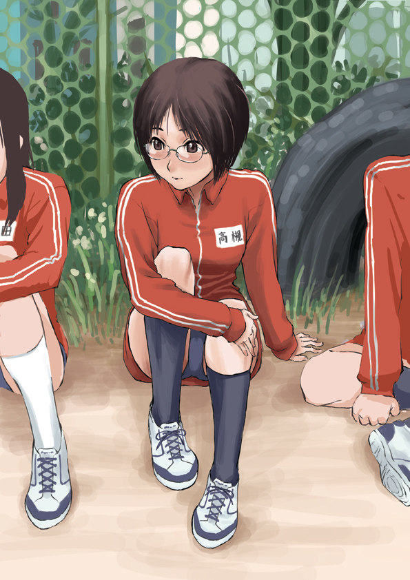 kasuga shun, original, 3girls, brown hair, glasses, multiple girls, short hair, sitting, solo focus, sportswear