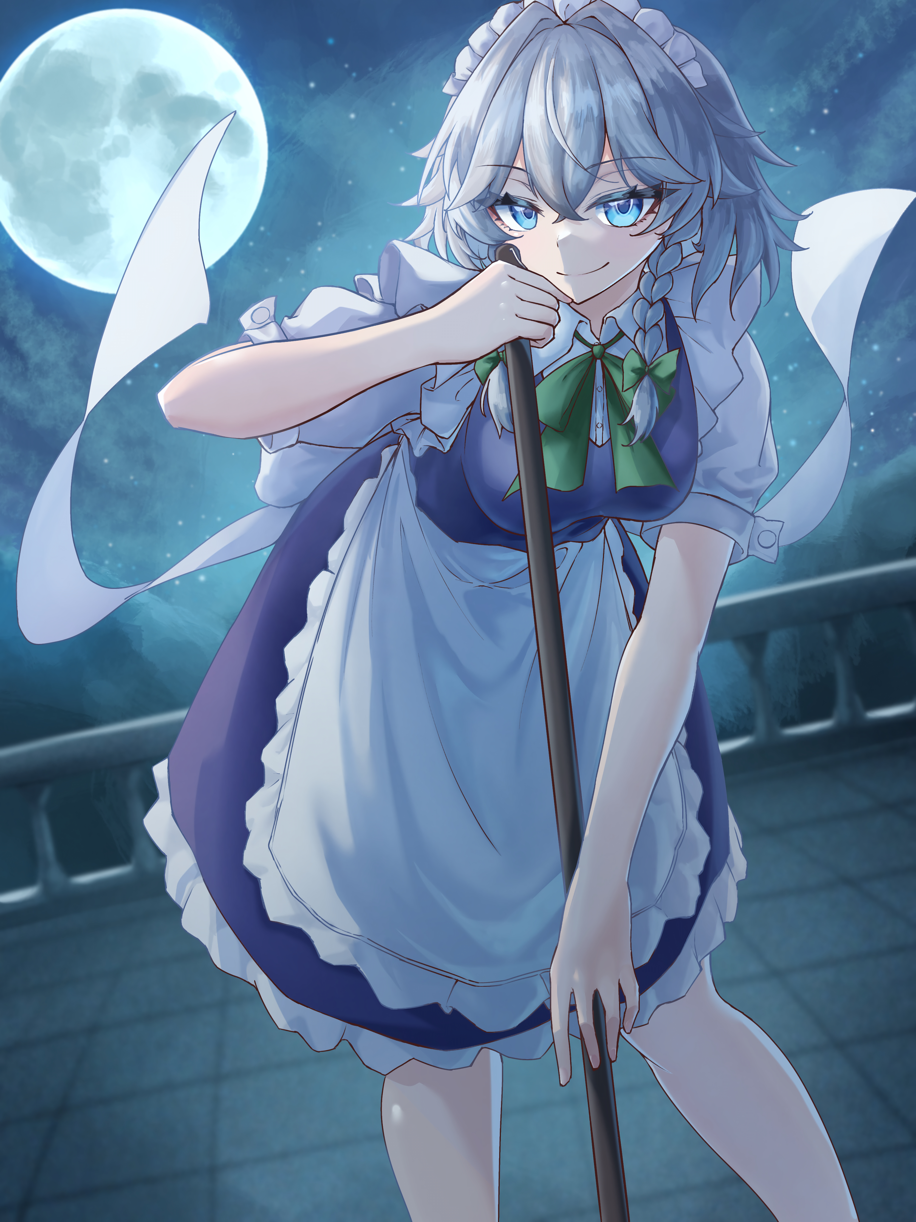 tenx2 1341, izayoi sakuya, touhou, absurdres, commentary, highres, 1girl, apron, blue dress, blue eyes, bow, braid, breasts, closed mouth, dress, full moon, green bow, grey hair, hair bow, large breasts, leaning forward, long hair, looking at viewer, maid, maid headdress, moon, night, night sky, puffy short sleeves, puffy sleeves, short sleeves, sky, smile, solo, twin braids, waist apron, white apron