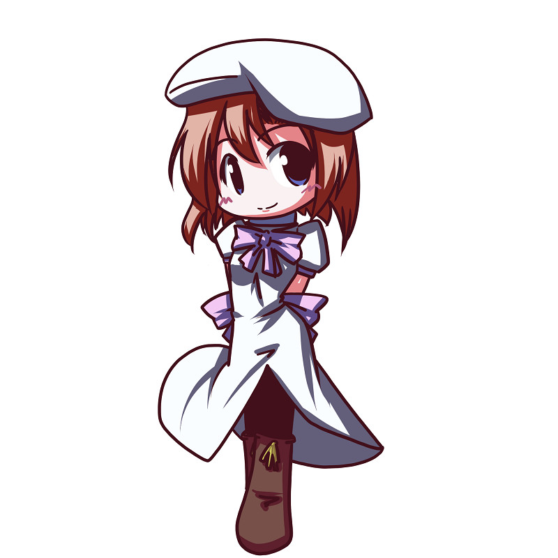 fictional sister, ryuuguu rena, higurashi no naku koro ni, 00s, 1girl, arms behind back, beret, black pantyhose, blue eyes, blush, boots, bow, brown boots, brown hair, chibi, closed mouth, dress, female focus, full body, hat, knee boots, looking at viewer, pantyhose, puffy short sleeves, puffy sleeves, purple bow, short hair, short sleeves, simple background, smile, solo, standing, tareme, thighhighs, white background, white dress