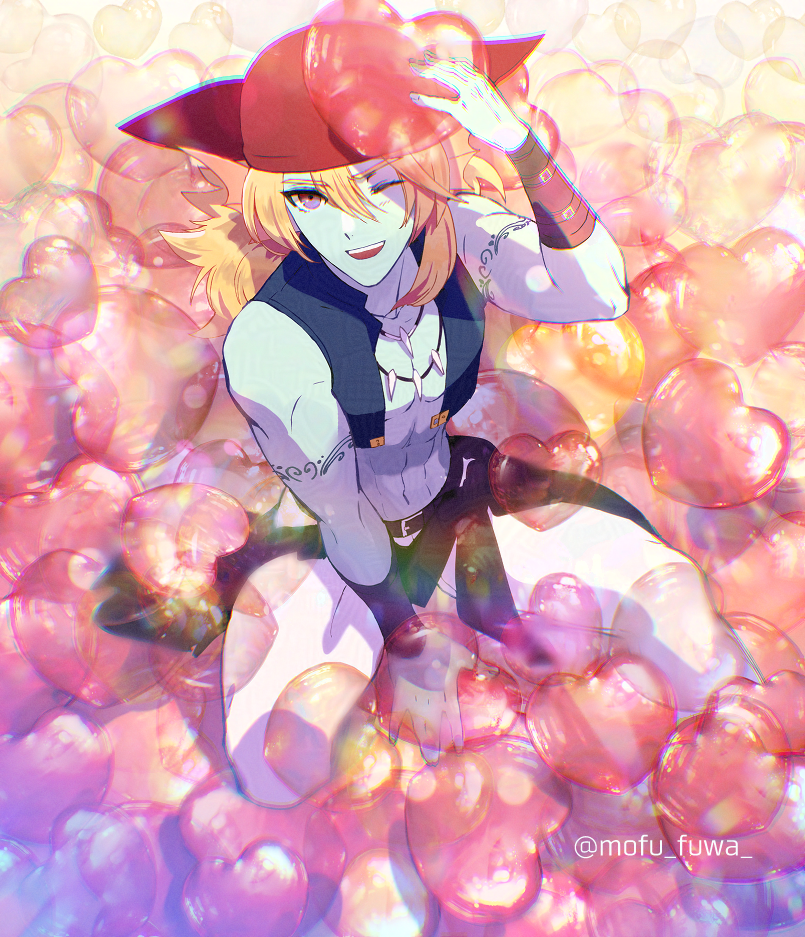 korori (mofu mofu), dragon quest, dragon quest x, commentary request, 1boy, ;d, aqua skin, arm guards, arm tattoo, balloon, bandana, belt, black sash, blonde hair, blue vest, brown belt, chromatic aberration, colored skin, fins, fish boy, from above, hand on headwear, head fins, heart balloon, hyuuza (dq10), jewelry, long hair, male focus, midriff, monster boy, navel, necklace, one eye closed, open mouth, pants, purple eyes, red bandana, sash, sitting, smile, solo, tattoo, toned, toned male, tooth necklace, twitter username, vest, white pants
