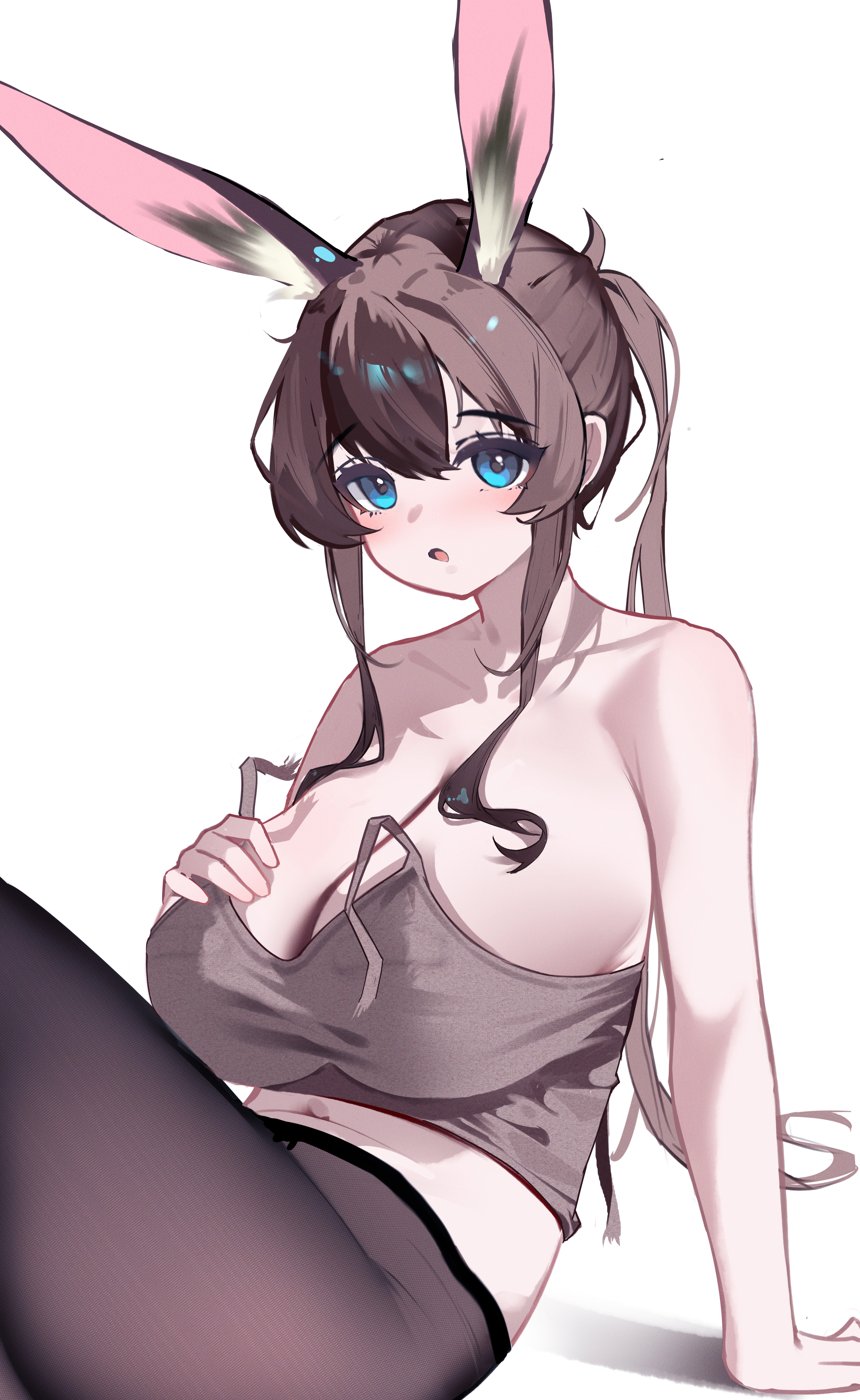 shenmi de xigua, amiya (arknights), arknights, absurdres, chinese commentary, commentary request, highres, 1girl, :o, alternate breast size (larger), alternate costume, animal ear fluff, animal ears, aqua eyes, bare arms, bare shoulders, black pantyhose, breasts, brown hair, cleavage, collarbone, crop top, hair between eyes, huge breasts, light blush, long hair, looking at viewer, navel, open mouth, pantyhose, rabbit ears, rabbit girl, sidelocks, simple background, sitting, sleeveless, strap lift, thighs, white background