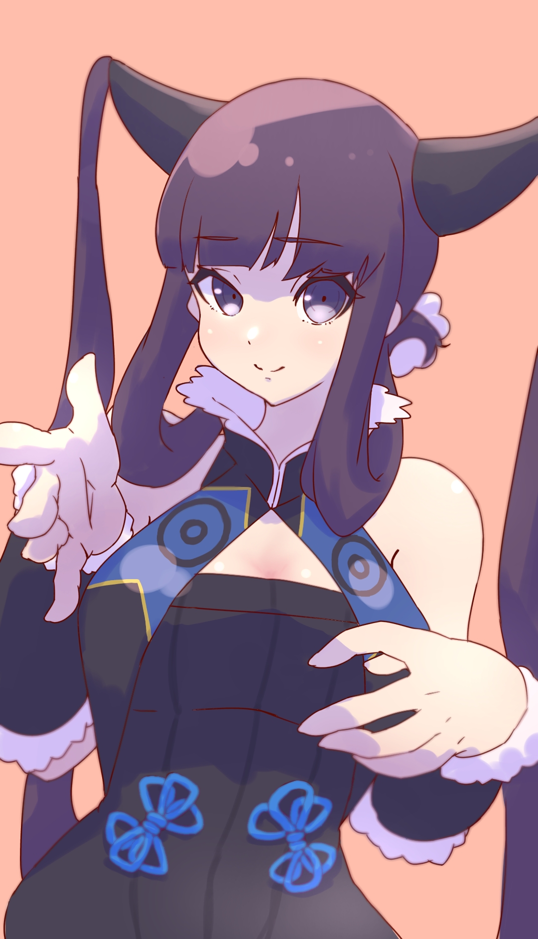 niwaikanai, yang guifei (fate), yang guifei (second ascension) (fate), fate/grand order, fate (series), highres, 1girl, bare shoulders, black dress, blue eyes, breasts, china dress, chinese clothes, cleavage, detached sleeves, dress, hair ornament, large breasts, leaf hair ornament, long hair, looking at viewer, purple hair, sidelocks, smile, solo, twintails, very long hair
