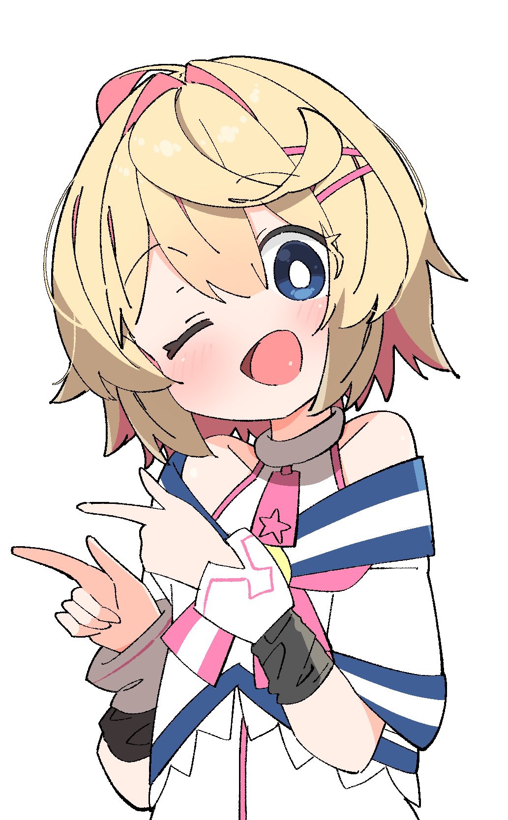 uruti 2388, indie virtual youtuber, commission, highres, second-party source, skeb commission, 1boy, ;d, bare shoulders, blonde hair, blue eyes, blue trim, bob cut, bright pupils, collared halterneck, colored inner hair, cowlick, double-parted bangs, double finger gun, finger gun, hair intakes, hair ornament, hairpin, halterneck, hands up, layered clothes, light blush, looking at viewer, male focus, multicolored hair, no nose, off-shoulder shirt, off shoulder, one eye closed, open mouth, pink hair, pink trim, pointing, pointing to the side, shirt, short sleeves, simple background, smile, solo, tachi-e, trap, turtleneck, turtleneck shirt, upper body, white background, white pupils, white shirt, white wrist cuffs, wrist cuffs