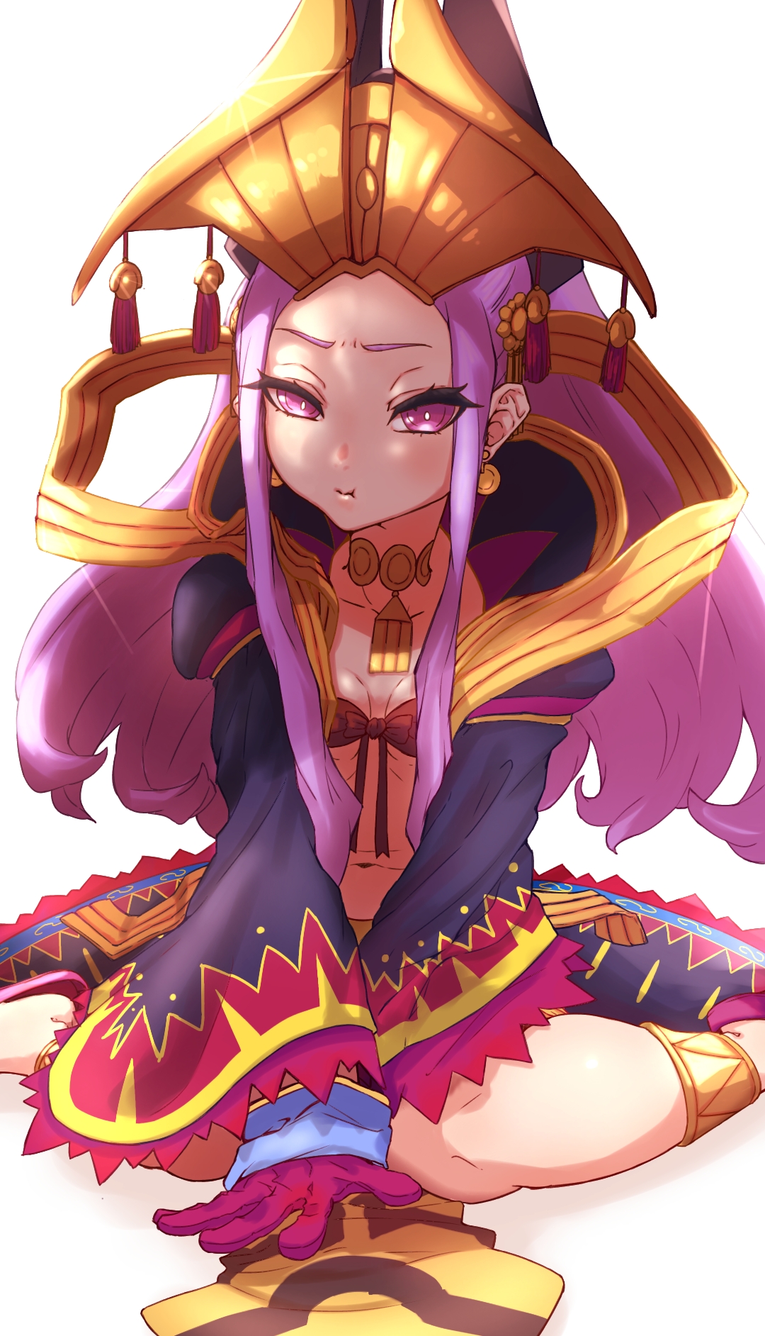 niwaikanai, wu zetian (fate), fate/grand order, fate (series), highres, 1girl, anklet, bare shoulders, blush, breasts, chinese clothes, facial mark, forehead, forehead mark, gloves, hanfu, headpiece, jewelry, long hair, long sleeves, looking at viewer, navel, parted bangs, pelvic curtain, ponytail, purple eyes, purple gloves, purple hair, shawl, sidelocks, small breasts, solo, thighs, very long hair, wide sleeves, wu zetian (third ascension) (fate)
