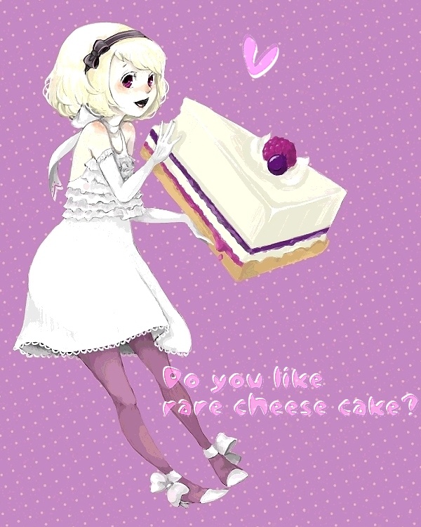 cotan (tinami), cake, dress, elbow gloves, food, frills, gloves, lipstick, makeup, mini person, minigirl, pantyhose, pastry, ribbon, solo, thighhighs