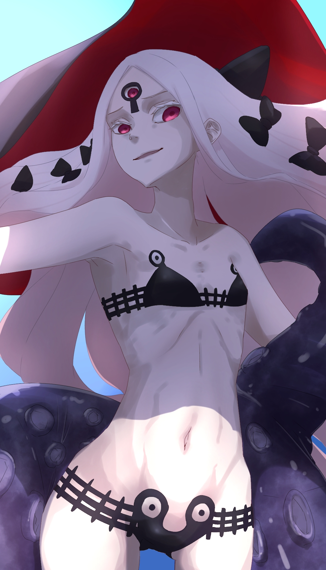 niwaikanai, abigail williams (fate), abigail williams (swimsuit foreigner) (first ascension) (fate), fate/grand order, fate (series), abigail williams (swimsuit foreigner) (fate), highres, 1girl, bare shoulders, bikini, black bikini, black bow, black hands, bow, breasts, colored extremities, colored skin, forehead, hair bow, keyhole, long hair, looking at viewer, navel, parted bangs, red eyes, sidelocks, small breasts, smile, solo, swimsuit, tentacles, thighs, third eye, very long hair, white hair, white skin