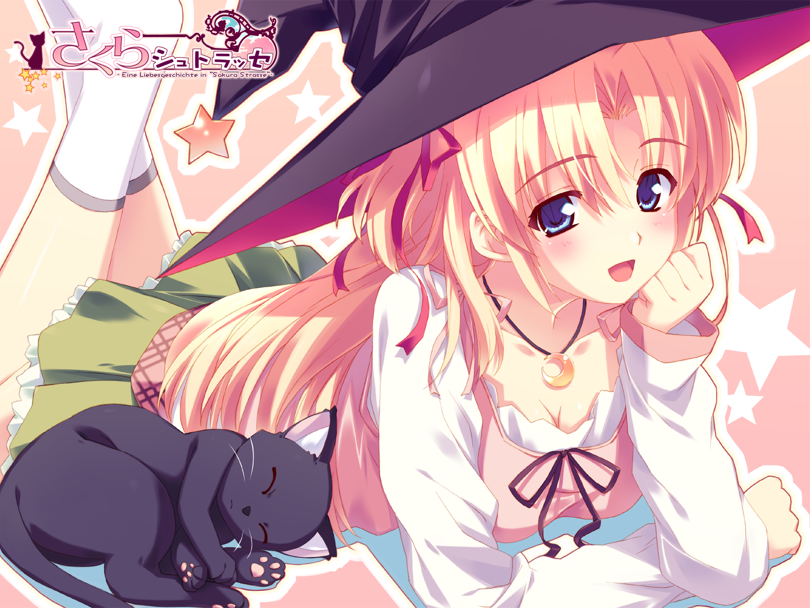 kusukusu, marie rudel, sakura strasse, highres, blonde hair, cat, hat, long hair, lying, skirt, solo