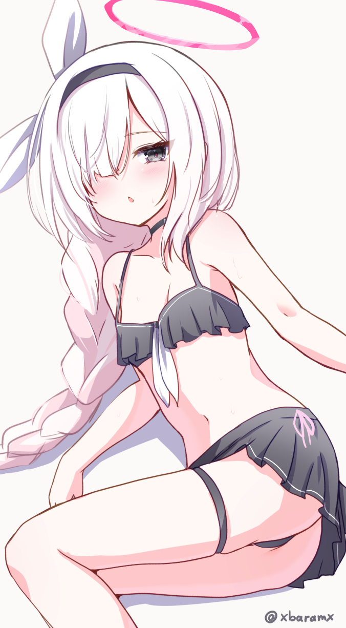 baram, plana (blue archive), blue archive, commentary request, highres, 1girl, :o, alternate costume, alternate hairstyle, bikini, black bikini, black eyes, black hairband, braid, braided ponytail, breasts, grey background, hair over one eye, hairband, halo, long hair, looking at viewer, multicolored hair, pink hair, red halo, red pupils, simple background, sitting, small breasts, solo, swimsuit, thigh strap, thighs, twitter username, two-tone hair, white hair