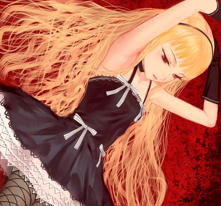 1girl, armpits, blonde hair, bow, choker, dress, female focus, fishnet pantyhose, fishnets, frills, gloves, goth fashion, gothic lolita, hairband, lace, lolita fashion, long hair, lying, pantyhose, red eyes, ribbon, solo, thighhighs
