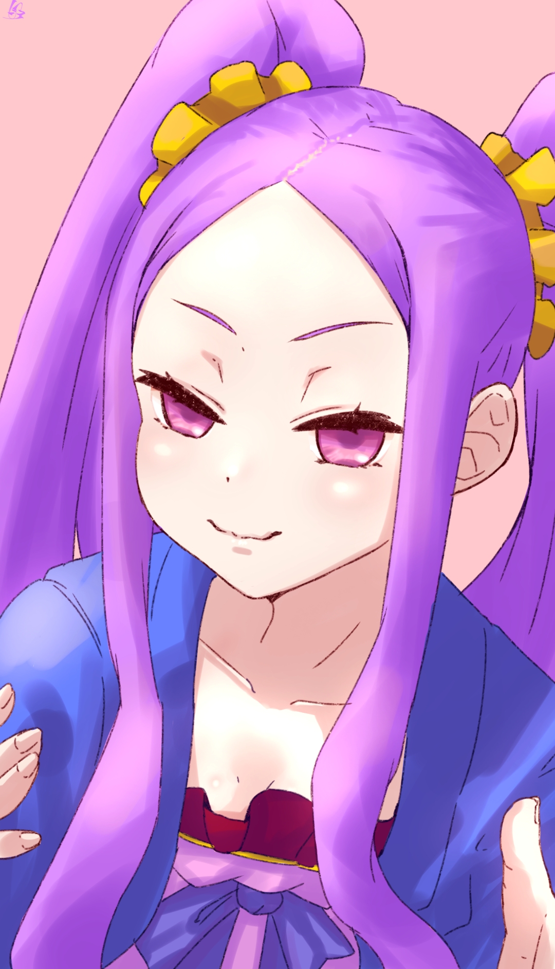 niwaikanai, wu zetian (fate), wu zetian (first ascension) (fate), fate/grand order, fate (series), highres, 1girl, blush, breasts, chinese clothes, dress, forehead, hair ornament, hair scrunchie, hanfu, long hair, long sleeves, looking at viewer, parted bangs, purple dress, purple eyes, purple hair, scrunchie, sidelocks, small breasts, smile, solo, twintails, very long hair, yellow scrunchie