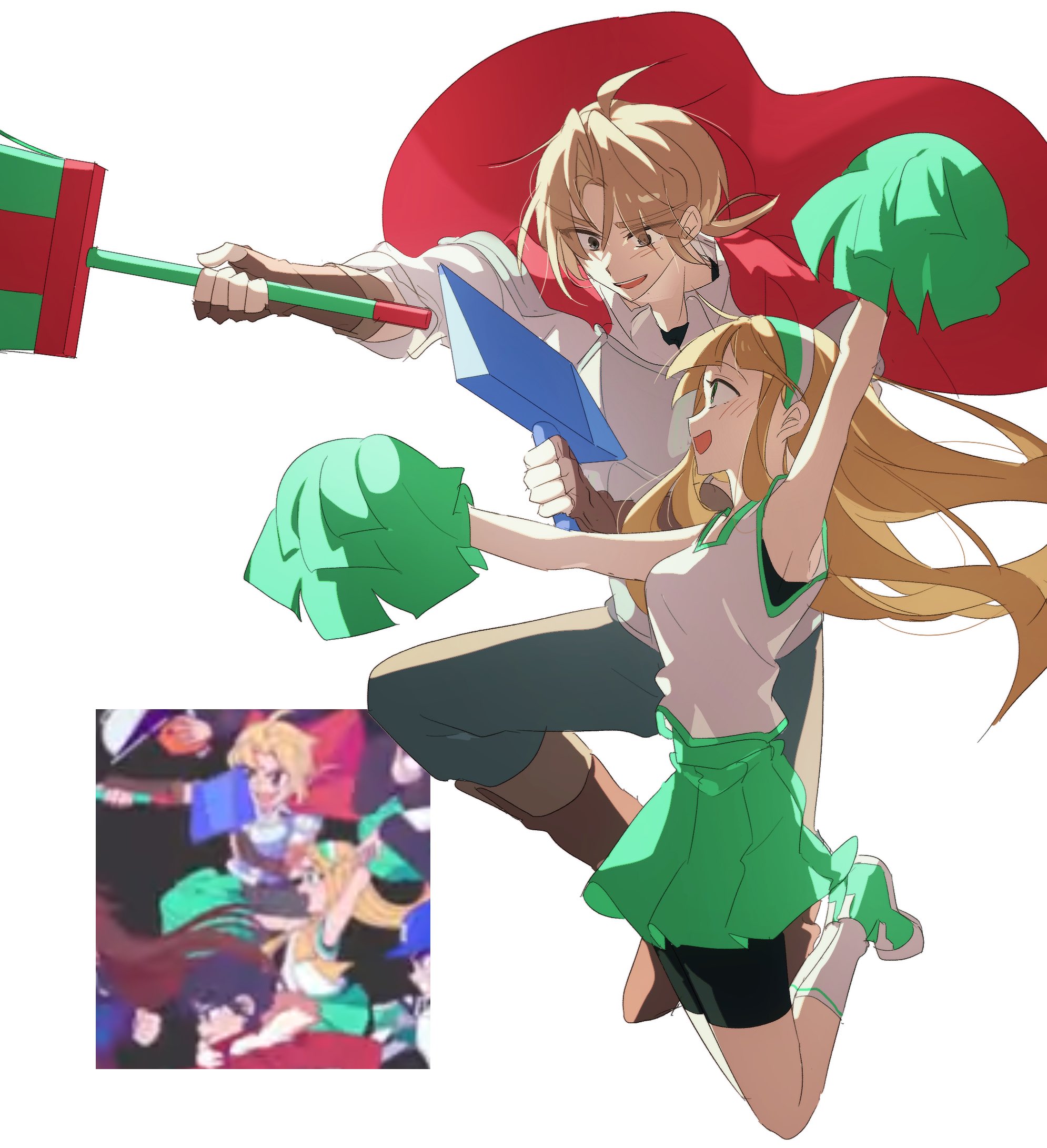 zombie high school, highres, 1boy, 1girl, arm up, bike shorts, bike shorts under skirt, black shorts, blonde hair, boots, breasts, brown eyes, brown gloves, cape, cheerleader, full body, gloves, green eyes, green skirt, hairband, holding, holding pom poms, jumping, long hair, looking at another, nam seon-ji, open mouth, opennep, pak chan-yeong, pants, pleated skirt, pom pom (cheerleading), pom poms, ponytail, red cape, shirt, shoes, shorts, shorts under skirt, simple background, skirt, sleeveless, sleeveless shirt, smile, socks, white background, white shirt, white socks
