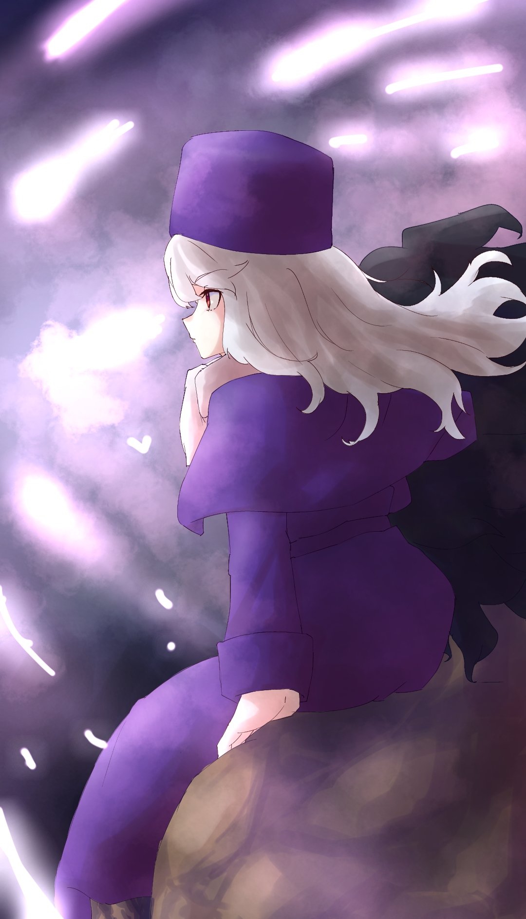 niwaikanai, heracles (fate), illyasviel von einzbern, fate/stay night, fate (series), heaven's feel, highres, 1boy, 1girl, black hair, breasts, capelet, coat, dark-skinned male, dark skin, hat, long hair, long sleeves, purple capelet, purple coat, purple hat, red eyes, scarf, sidelocks, small breasts, solo, ushanka, white hair, white scarf