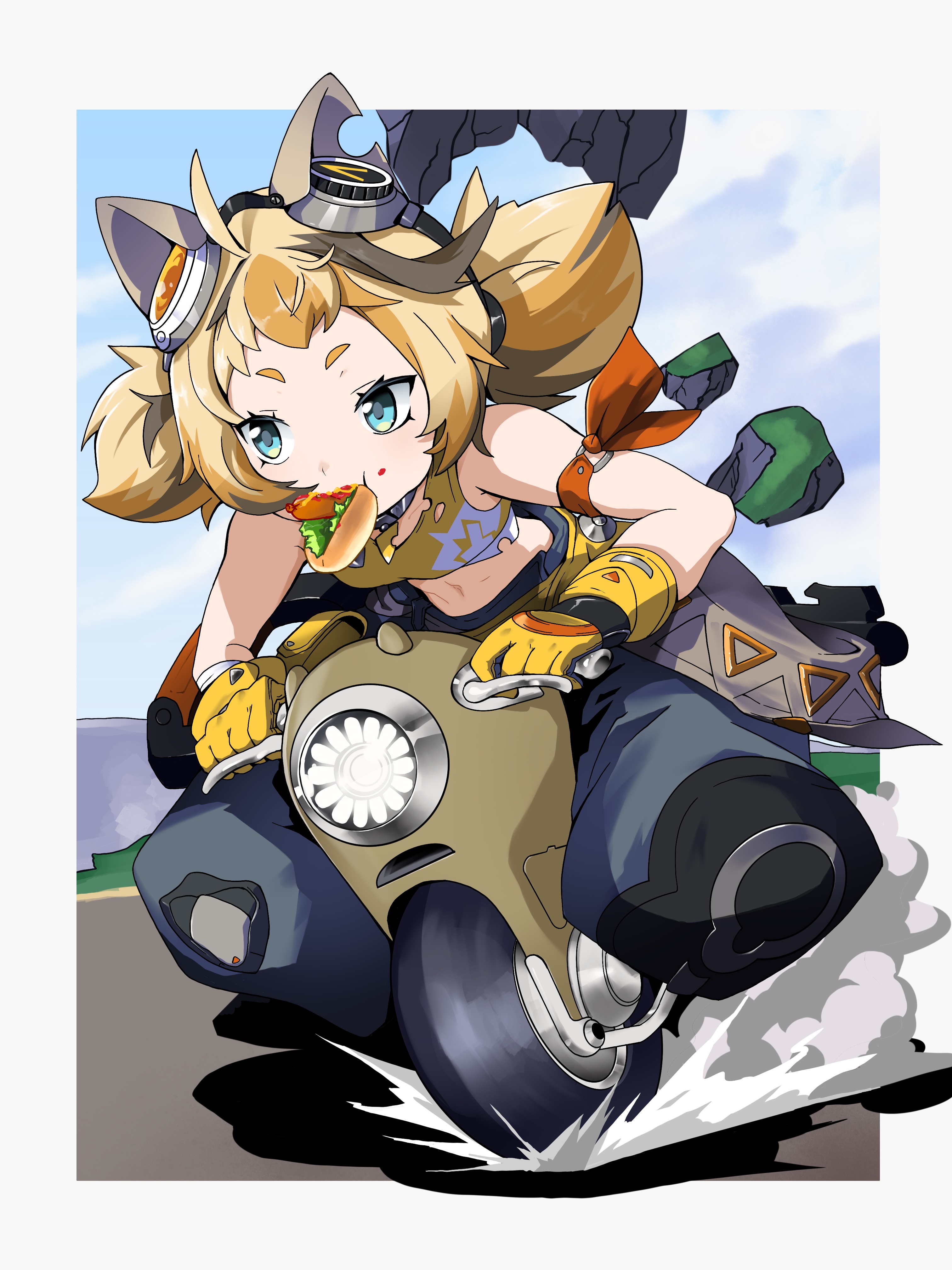 fate trigger: the novita, absurdres, highres, 1girl, bare shoulders, blonde hair, blue eyes, eating, hair ornament, mindy (trigger of fate the novita), simple background, twintails