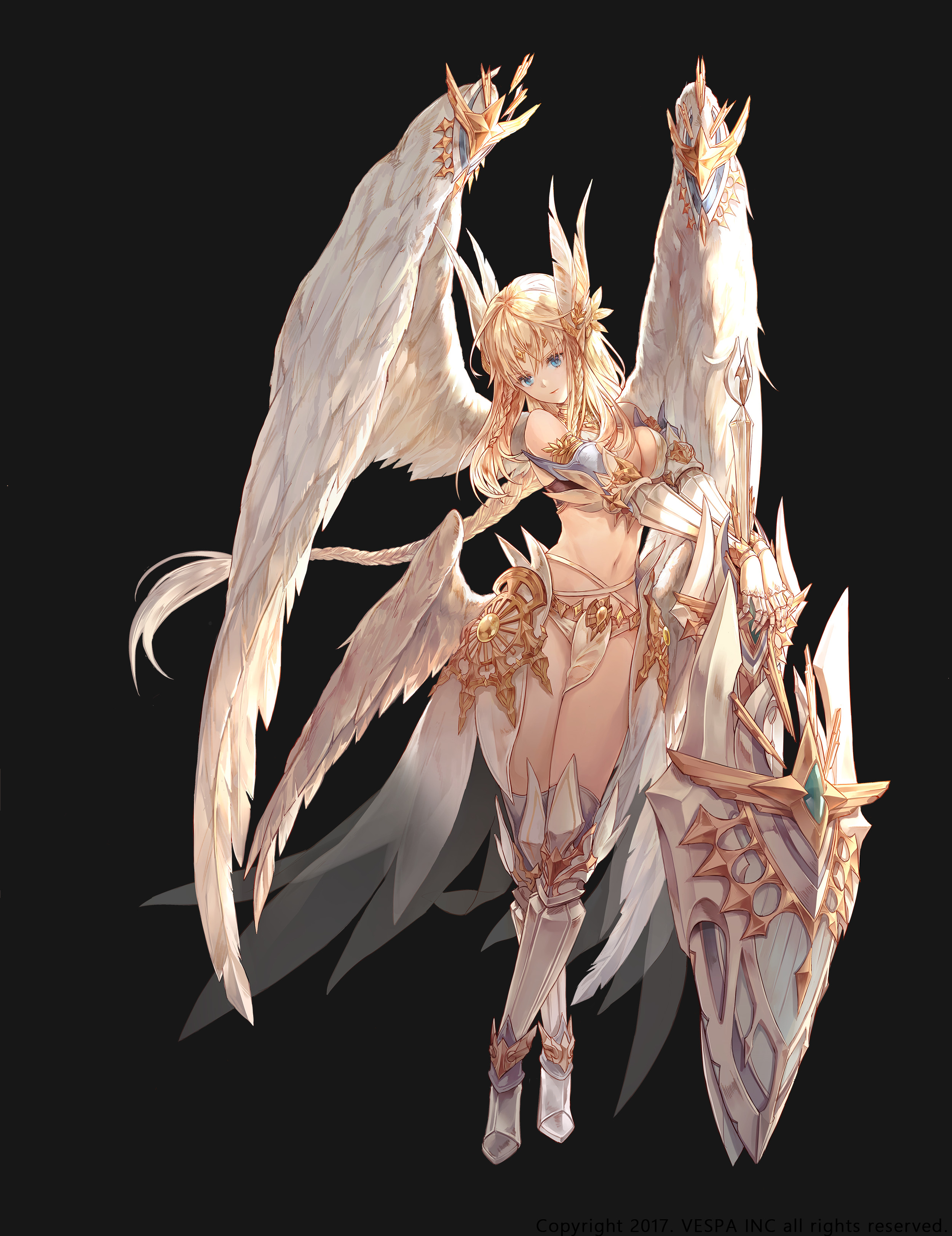 ezu (leejiyu), aselica (king's raid), king's raid, absurdres, commentary, english commentary, highres, official art, 1girl, angel, arm armor, armor, armored boots, black background, blonde hair, blue eyes, boots, braid, braided sidelocks, breasts, cleavage, crossed legs, feather hair ornament, feathered wings, feathers, full body, gauntlets, hair ornament, holding, holding sword, holding weapon, large breasts, laurel crown, long hair, low wings, multiple braids, navel, pelvic curtain, planted, planted shield, planted sword, planted weapon, pointy ears, shield, skirt, solo, sword, thigh boots, very long hair, weapon, white armor, white skirt, white wings, wing armor, wings