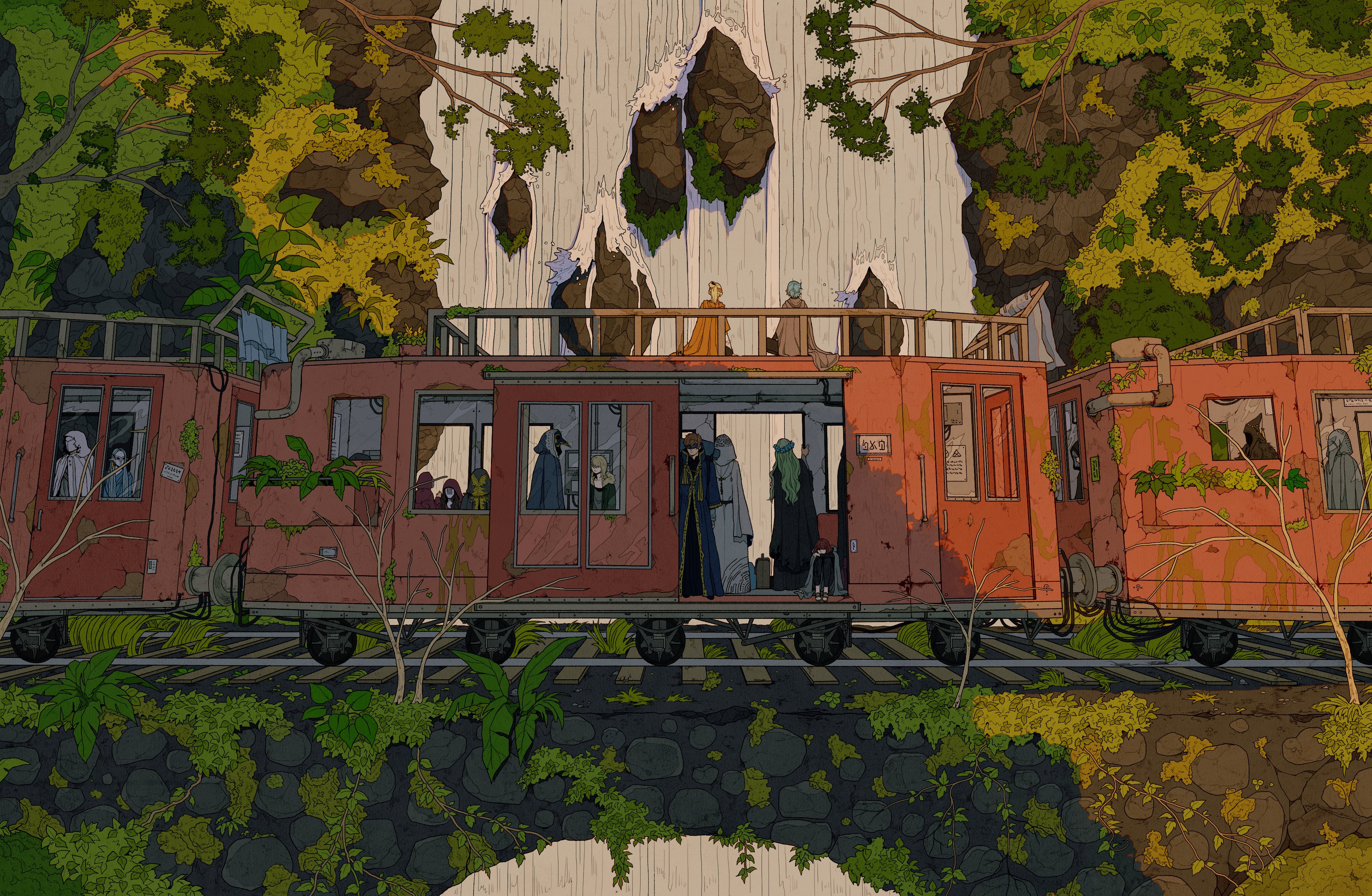 ionomycin, original, absurdres, commentary, english commentary, highres, black cloak, blindfold, blonde hair, blue flower, blue hair, blue robe, bridge, brown cloak, brown hair, brown pants, cloak, fantasy, flower, flower wreath, green robe, head rest, head wreath, hooded robe, hugging own legs, knees to chest, long hair, mask, masquerade mask, morning, moss, orange cloak, pants, people, plant, railroad tracks, red hair, red robe, robe, scenery, short hair, sitting, standing, stone bridge, swept bangs, train, tree, updo, water, waterfall, white robe