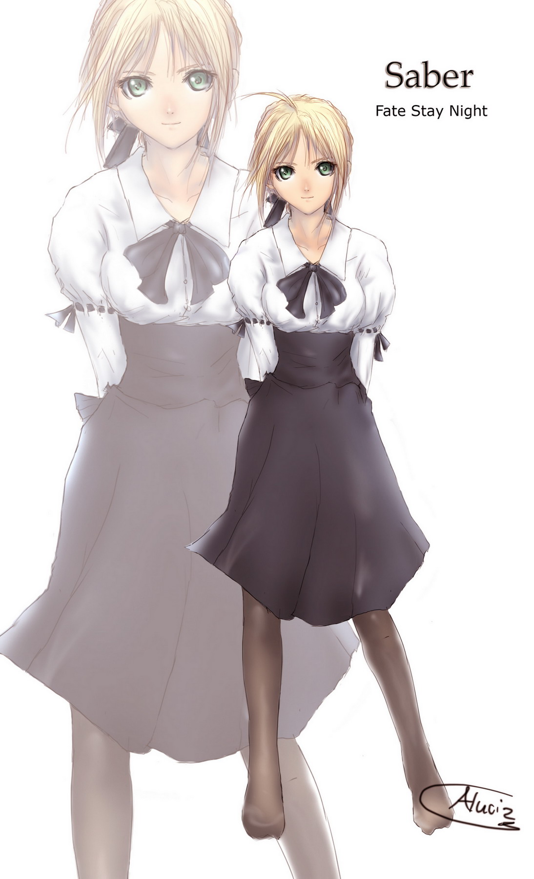 aluciz, artoria pendragon (fate), saber (fate), fate/stay night, fate (series), highres, 00s, 1girl, ahoge, blonde hair, blouse, female focus, full body, green eyes, pantyhose, shirt, solo, zoom layer