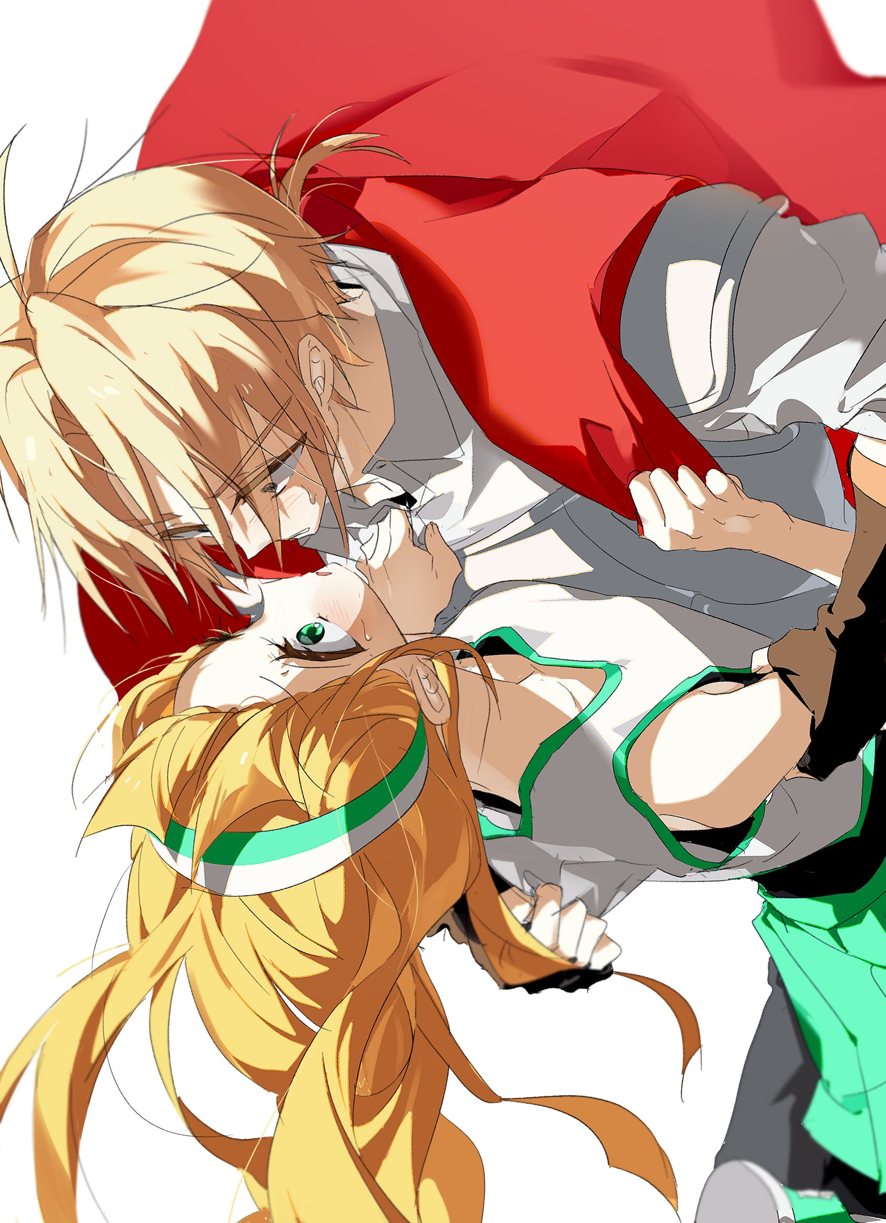 zombie high school, absurdres, highres, 1boy, 1girl, blonde hair, blush, eye contact, green eyes, hairband, headband, hetero, long hair, looking at another, nam seon-ji, opennep, pak chan-yeong, ponytail, shirt, simple background, skirt, vest, white background