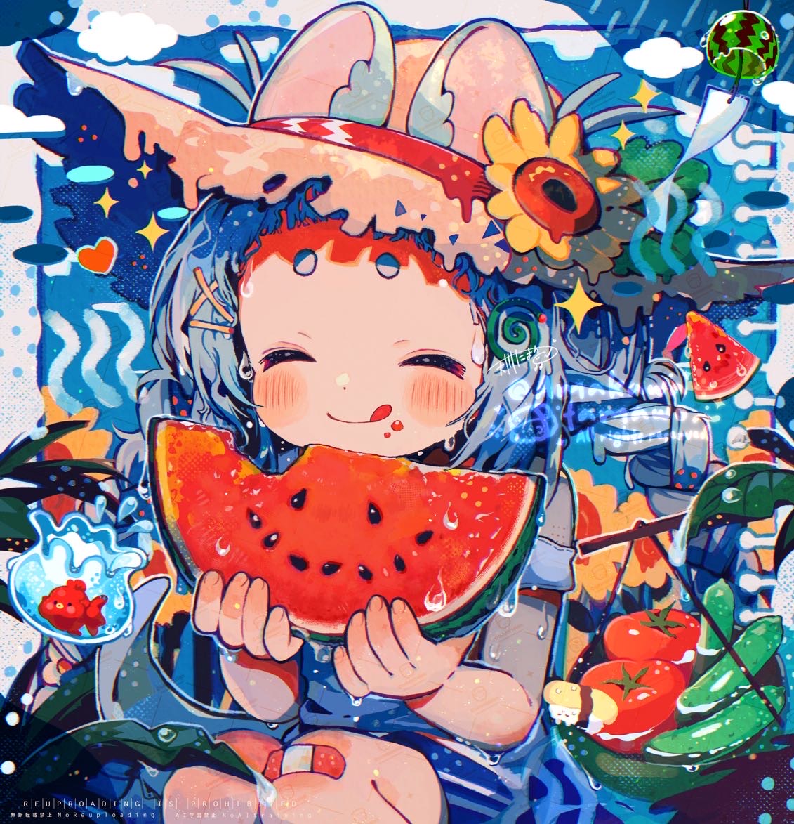 amakawa tamawo, original, commentary, 1girl, :q, ^ ^, animal ears, bandaid, bandaid on knee, bandaid on leg, blue background, blue dress, blush, brown hat, closed eyes, closed mouth, dress, feet out of frame, fish, flower, food, fruit, hat, hat flower, holding, holding food, signature, sitting, smile, solo, straw hat, tongue, tongue out, watermark, watermelon, yellow flower