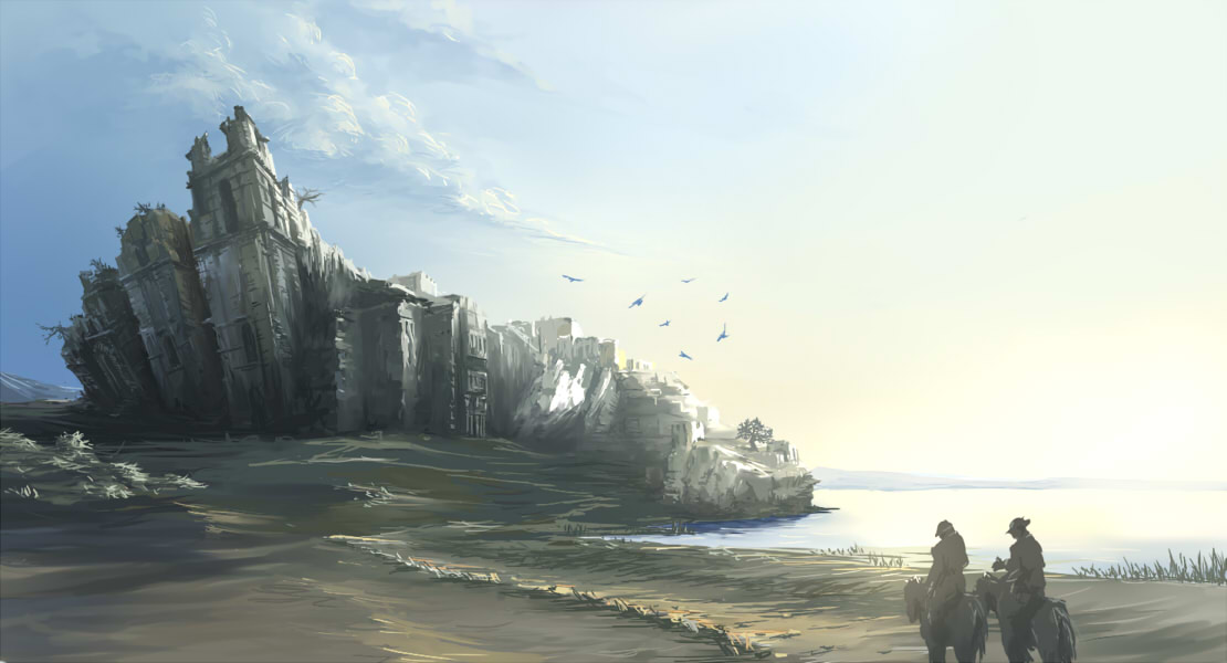 coz (commit), pixiv fantasia, pixiv fantasia 1, 2boys, castle, landscape, multiple boys, ruins, scenery, silhouette