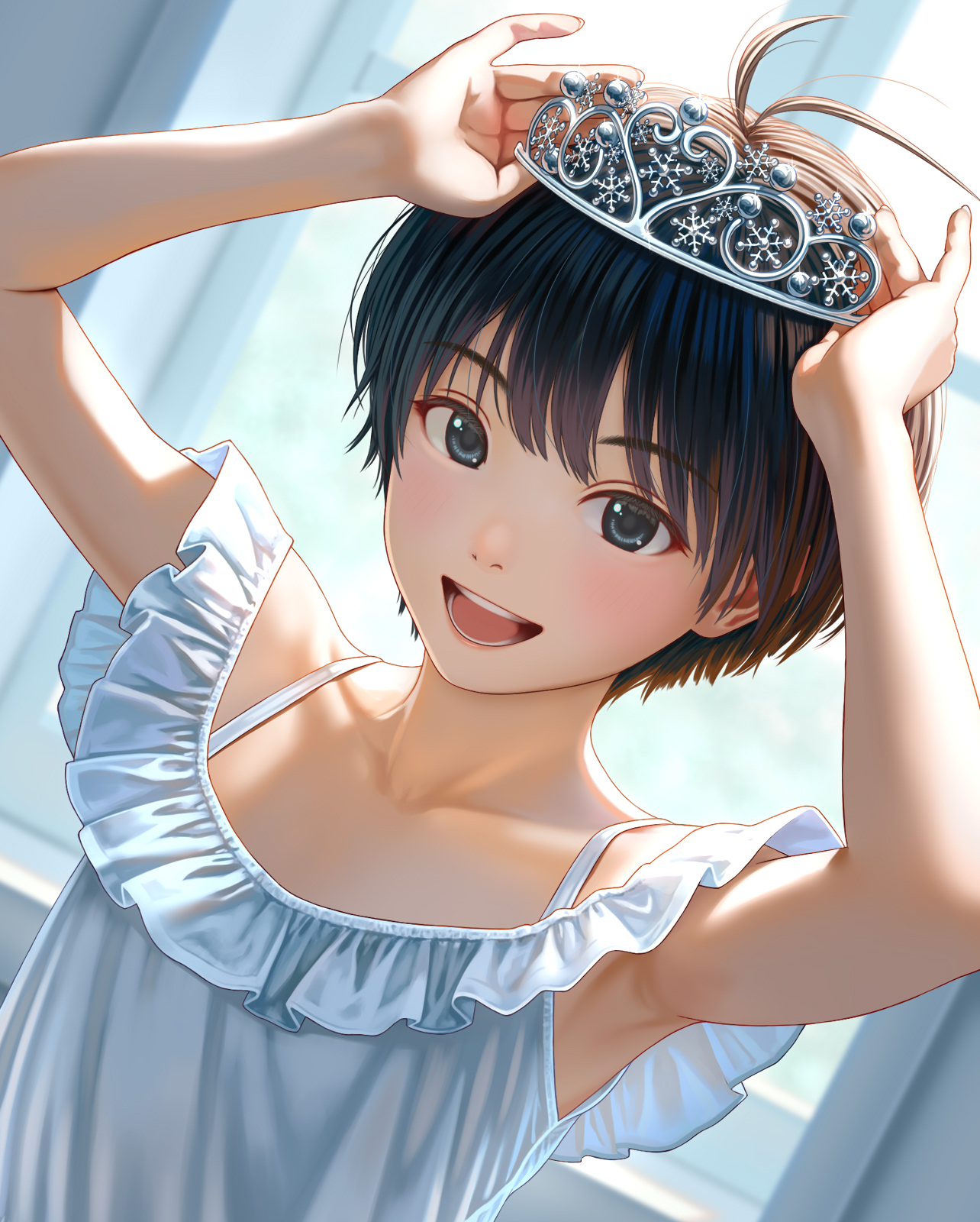 nekopuchi, kikuchi makoto, idolmaster, idolmaster (classic), commentary, highres, 1girl, :d, adjusting clothes, adjusting headwear, antenna hair, armpits, arms up, backlighting, bare shoulders, black eyes, black hair, blush, breasts, close-up, dated commentary, dress, dutch angle, eyelashes, frilled dress, frills, hat ornament, indoors, looking at viewer, loose hair strand, off-shoulder dress, off shoulder, open mouth, portrait, short hair, silver tiara, small breasts, smile, snowflake hat ornament, solo, tiara, white dress, window