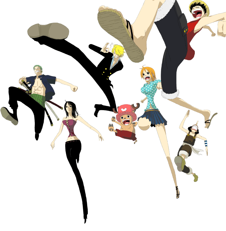 monkey d. luffy, nami (one piece), nico robin, roronoa zoro, sanji (one piece), tony tony chopper, usopp, one piece, 2girls, 4boys, bad anatomy, cigarette, from below, haramaki, hat, jumping, multiple boys, multiple girls, pink hat, simple background, smoking