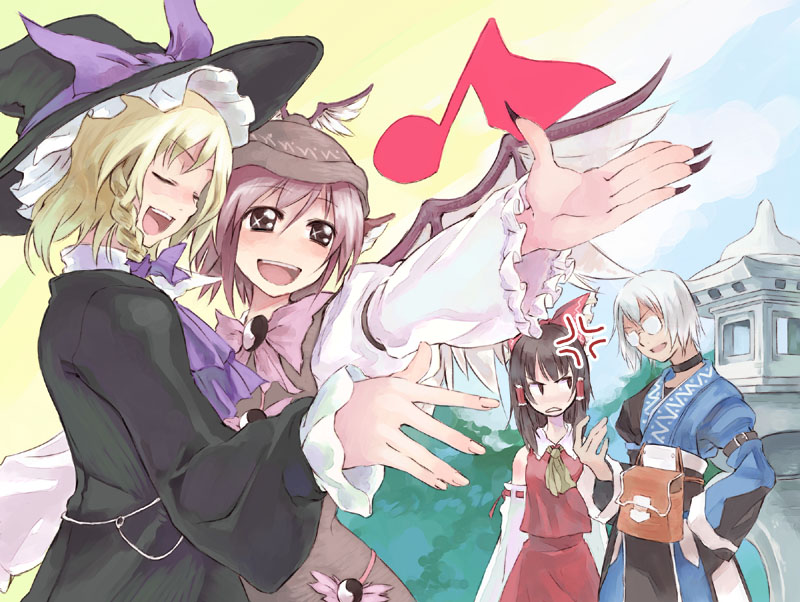 ushiki yoshitaka, hakurei reimu, kirisame marisa, morichika rinnosuke, mystia lorelei, touhou, 1boy, 3girls, blonde hair, braid, detached sleeves, glasses, hat, japanese clothes, long hair, miko, multiple girls, open mouth, smile, witch, witch hat