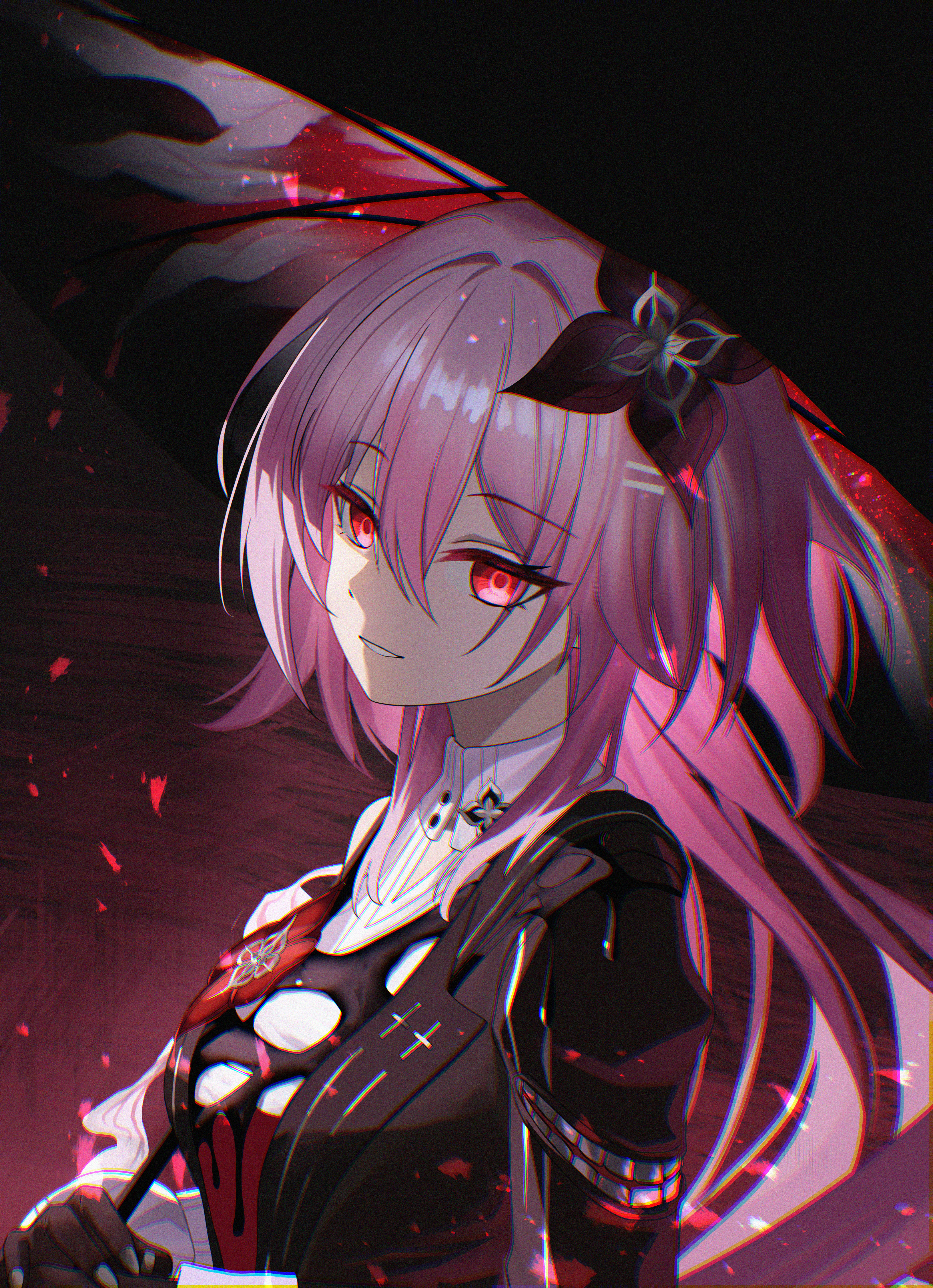 iricci, evernight (honkai: star rail), march 7th (honkai: star rail), honkai: star rail, honkai (series), absurdres, highres, 1girl, black dress, black flower, black gloves, black umbrella, breasts, chromatic aberration, dress, film grain, flower, gloves, hair flower, hair ornament, long hair, looking at viewer, medium breasts, parted lips, pink hair, red eyes, shirt, sideways glance, solo, umbrella, umbrella over shoulder, upper body, white shirt