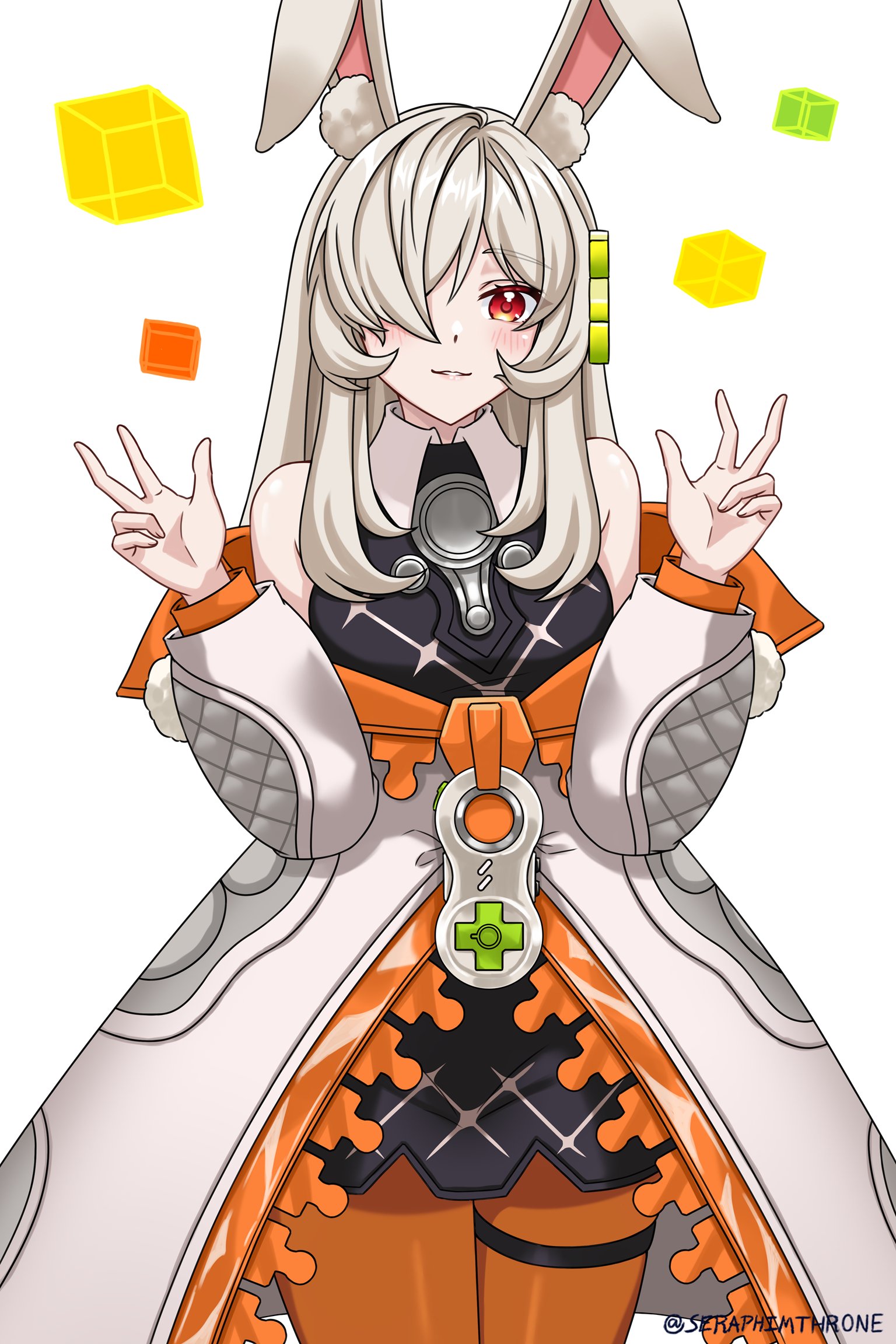 seraphim throne, kira (trigger of fate the novita), fate trigger: the novita, highres, 1girl, animal ears, bare shoulders, hair ornament, hair over one eye, hairpin, hands up, long hair, looking at viewer, orange eyes, rabbit ears, red eyes, weapon, white background, white hair