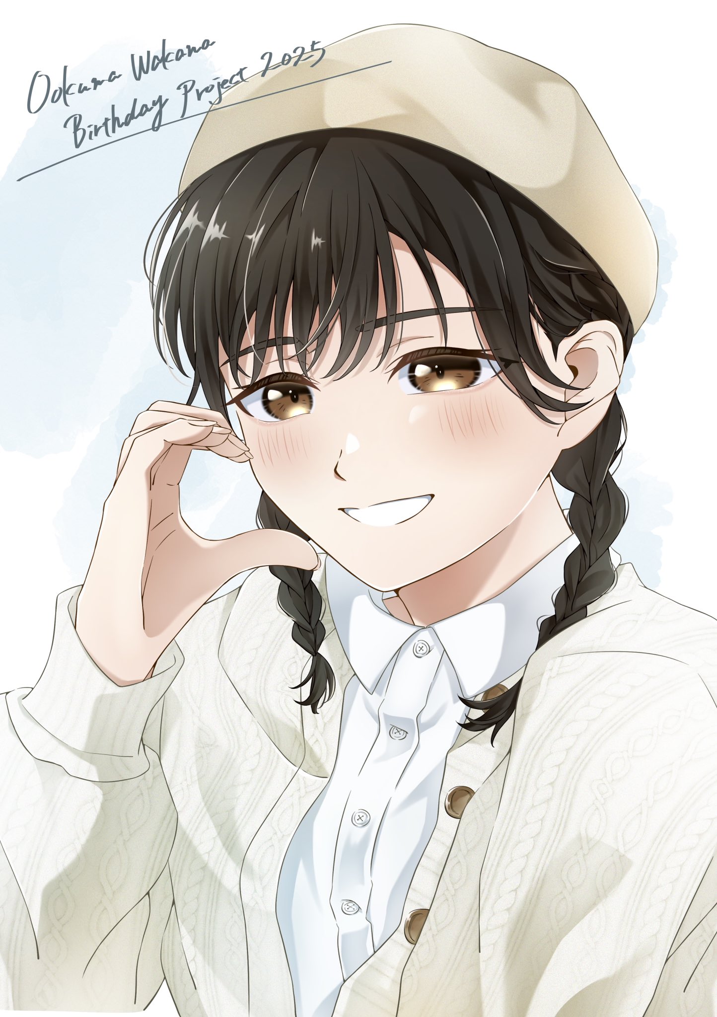 wotaku jinsei enjoy ikioi, real life, bad id, bad twitter id, highres, 1girl, beret, black hair, braid, brown eyes, buttons, cardigan, character name, collared shirt, fingernails, hand up, hat, long sleeves, looking at viewer, ookuma wakana, shirt, simple background, smile, solo, teeth, twin braids, upper body, voice actor