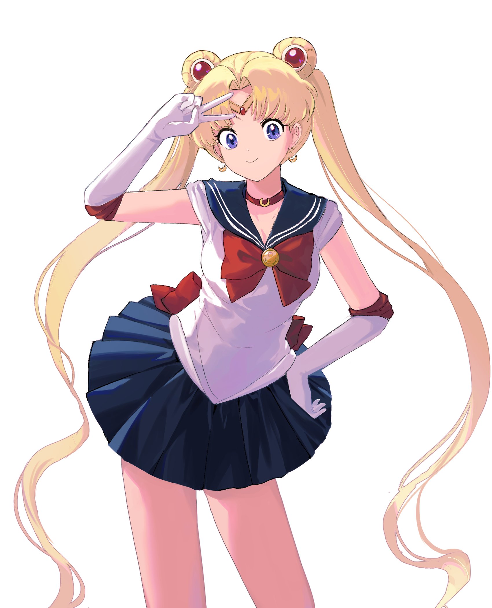 88 77k, sailor moon, tsukino usagi, bishoujo senshi sailor moon, hashtag-only commentary, highres, 1girl, back bow, blonde hair, blue sailor collar, blue skirt, bow, bowtie, choker, circlet, crescent, crescent choker, crescent earrings, double bun, earrings, elbow gloves, gloves, hair bun, hand on own hip, jewelry, long hair, looking at viewer, magical girl, pleated skirt, purple eyes, red bow, red bowtie, red choker, sailor collar, sailor senshi, sailor senshi uniform, simple background, skirt, smile, solo, twintails, v, white background, white gloves