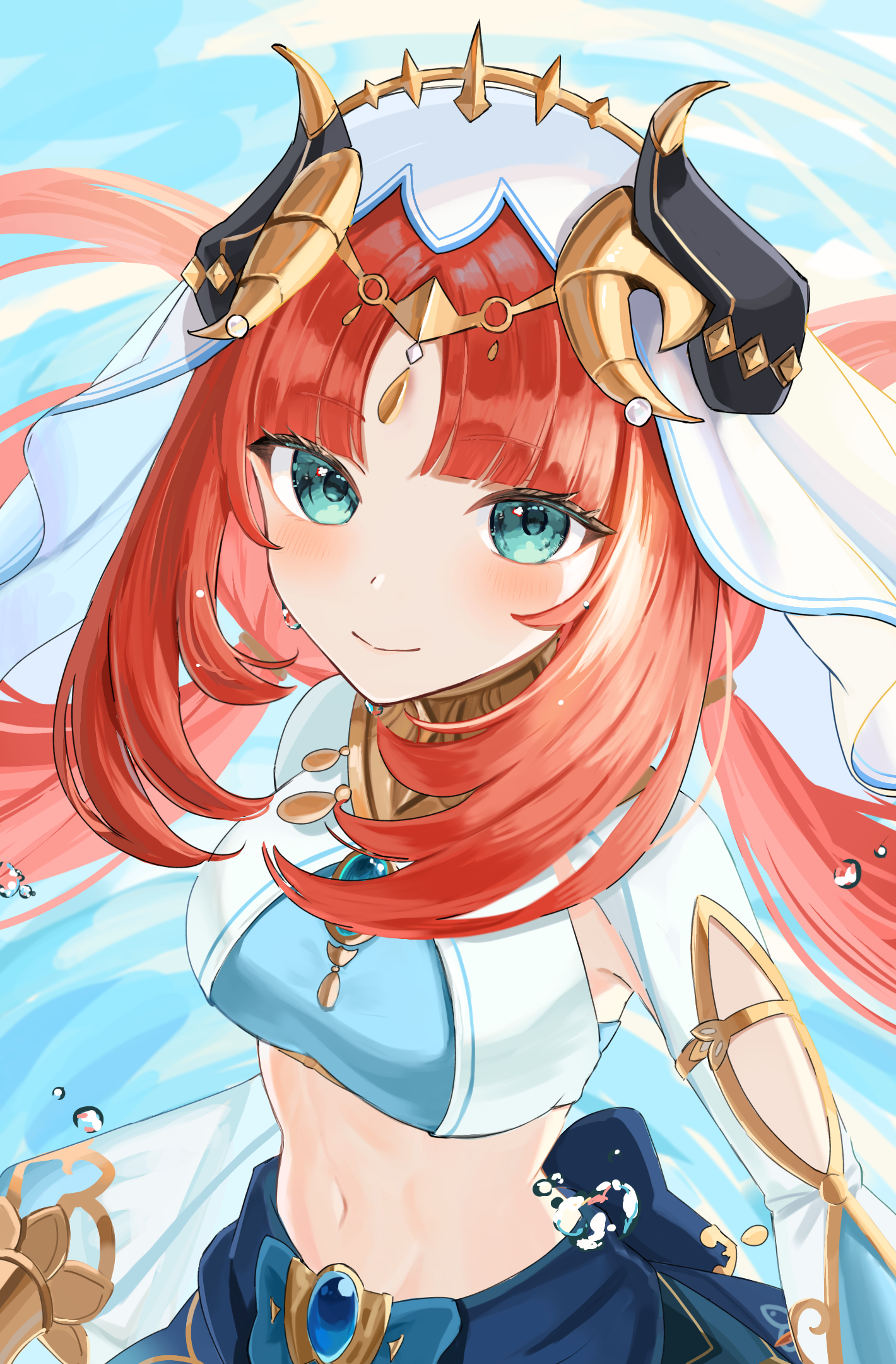 nilou (genshin impact), genshin impact, highres, 1girl, blush, breasts, closed mouth, fake horns, green eyes, harem outfit, horns, long hair, long sleeves, looking at viewer, medium breasts, navel, red hair, smile, solo, stomach, taki-01, twintails, veil, very long hair, white veil