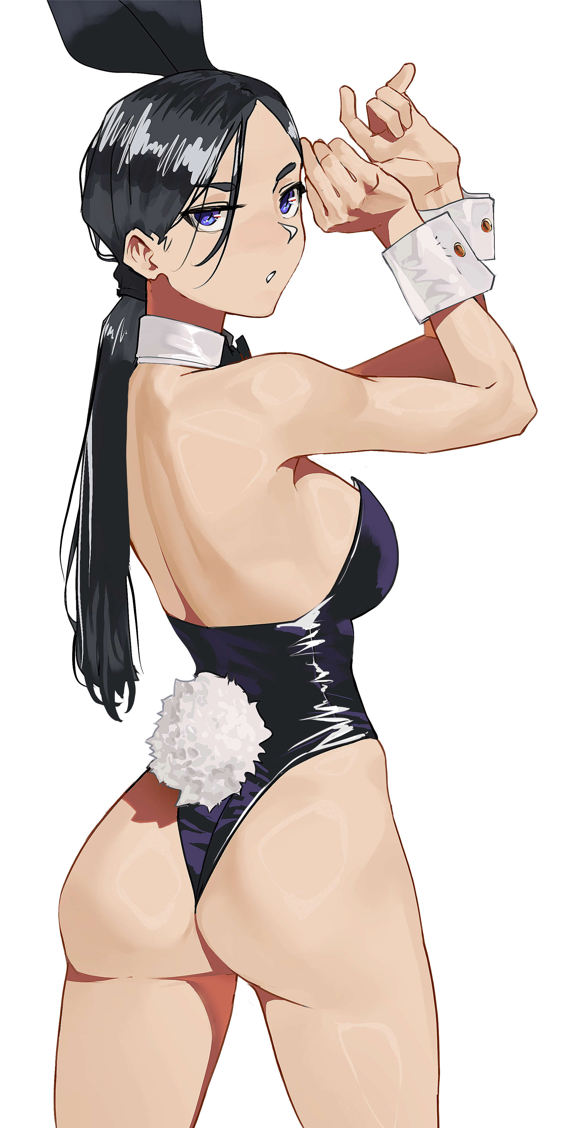 tbocart, original, absurdres, highres, 1girl, animal ears, ass, bare shoulders, black hair, black leotard, bow, bowtie, breasts, detached collar, fake animal ears, hand up, leotard, long hair, looking at viewer, looking back, playboy bunny, ponytail, rabbit ears, rabbit tail, solo, strapless, tail, wrist cuffs