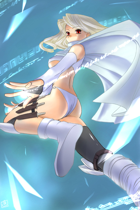 tsuina, original, 1girl, ass, asymmetrical clothes, blonde hair, boots, cape, detached sleeves, female focus, knife, red eyes, single thighhigh, solo, thighhighs