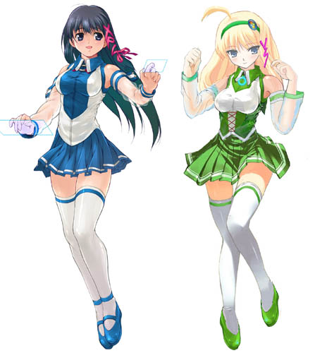vista-tan, xp-tan, os-tan, lowres, 2girls, blue skirt, detached sleeves, latex, multiple girls, skirt, thighhighs, zettai ryouiki