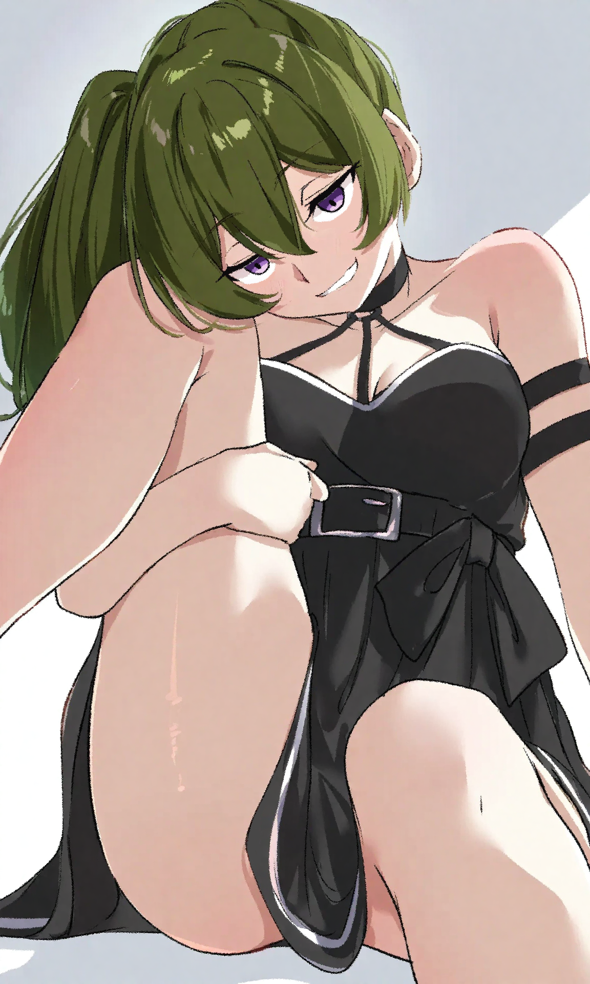 ubel (sousou no frieren), sousou no frieren, highres, 1girl, bare shoulders, black dress, breasts, cleavage, dress, green hair, looking at viewer, purple eyes, side ponytail, smile, solo, spynai (klimatic), thighs